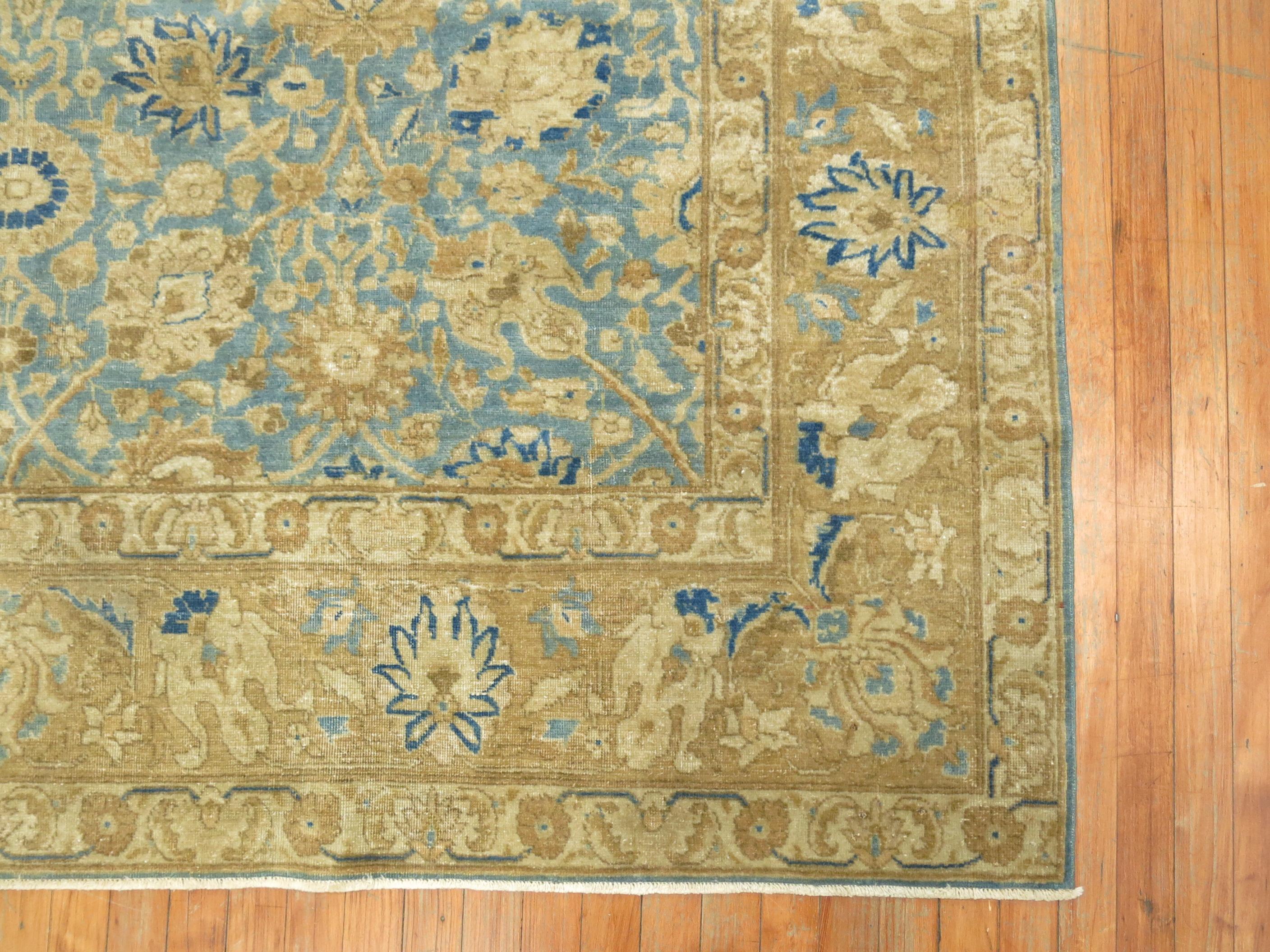 Hand-Knotted Zabihi Collection Antique Blue Soft Brown Persian Tabriz Rug For Sale