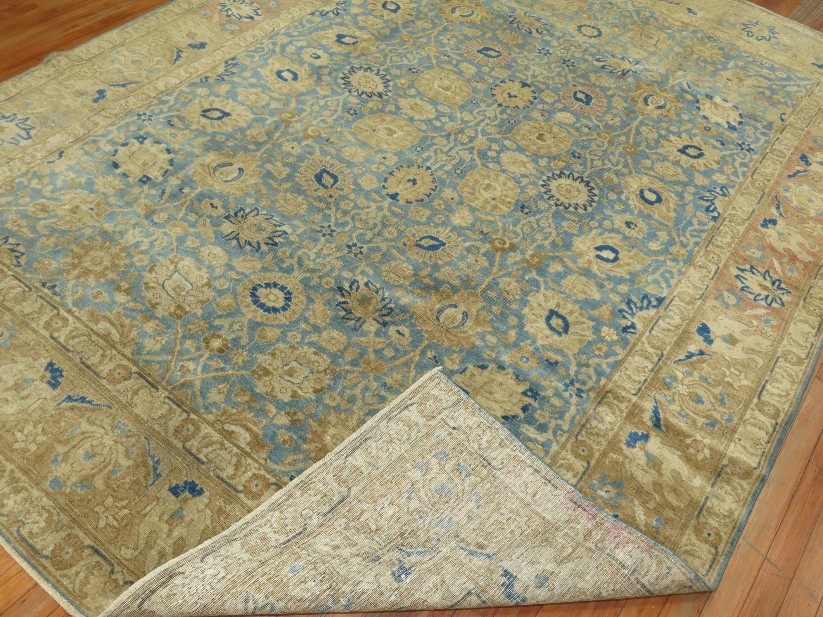 Zabihi Collection Antique Blue Soft Brown Persian Tabriz Rug In Good Condition For Sale In New York, NY