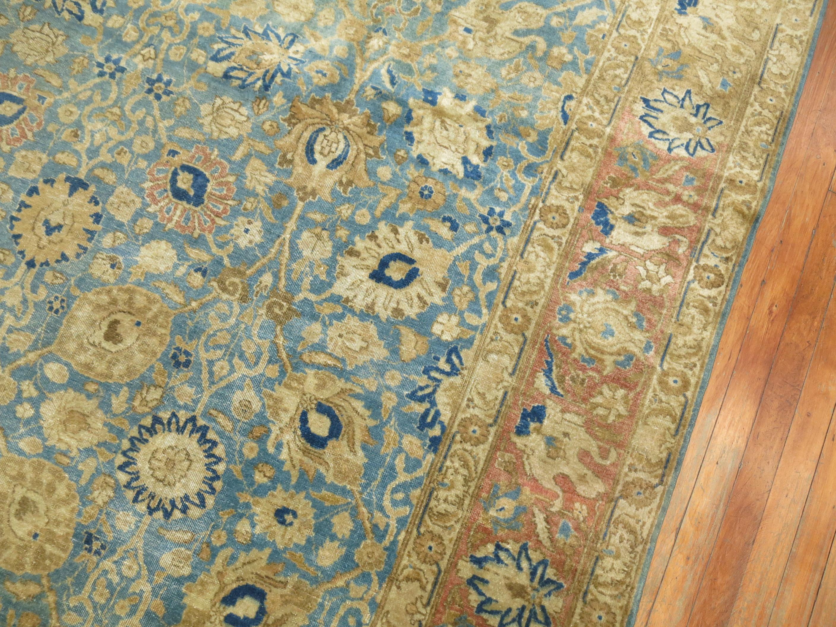 20th Century Zabihi Collection Antique Blue Soft Brown Persian Tabriz Rug For Sale