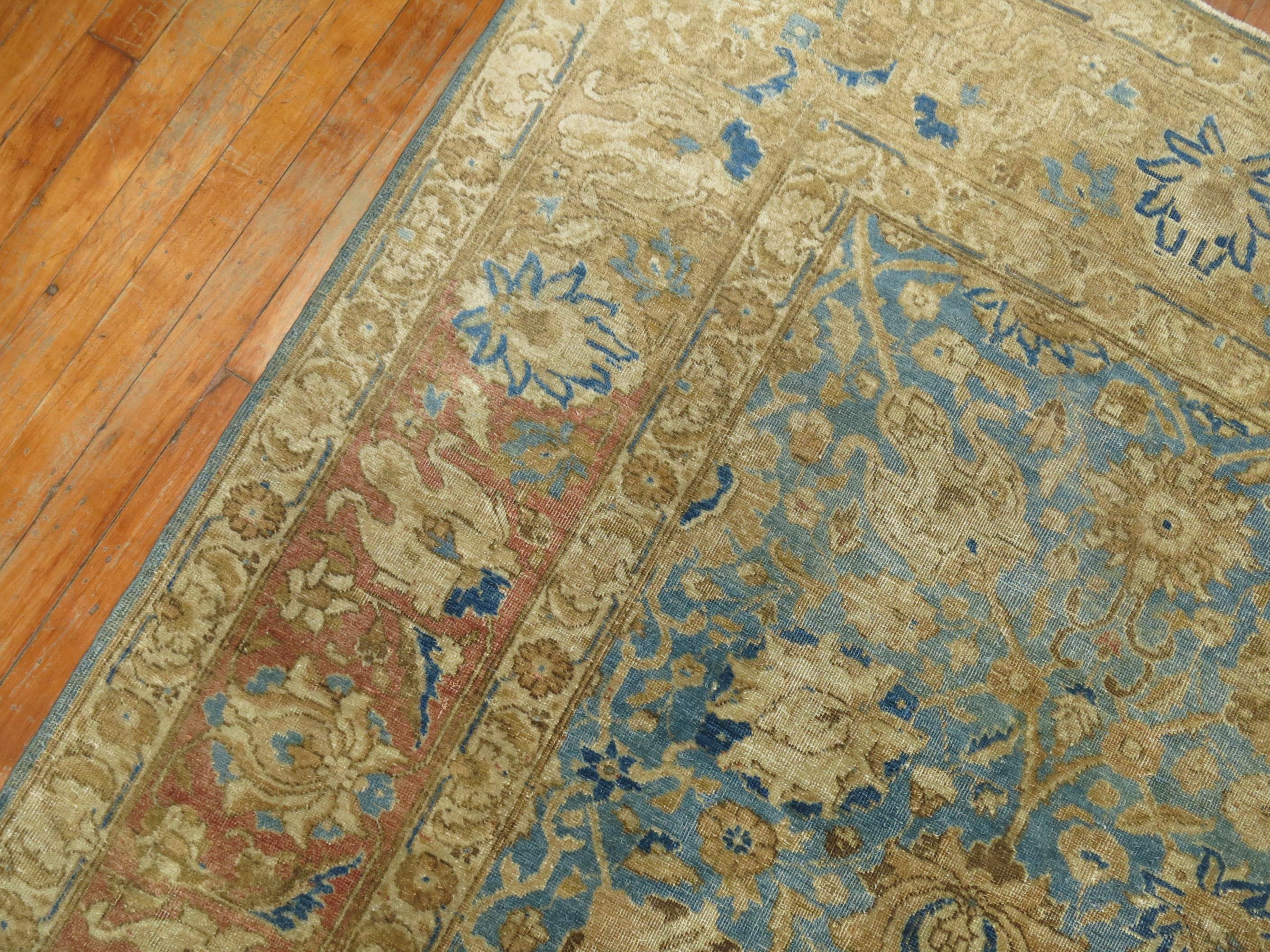 Wool Zabihi Collection Antique Blue Soft Brown Persian Tabriz Rug For Sale