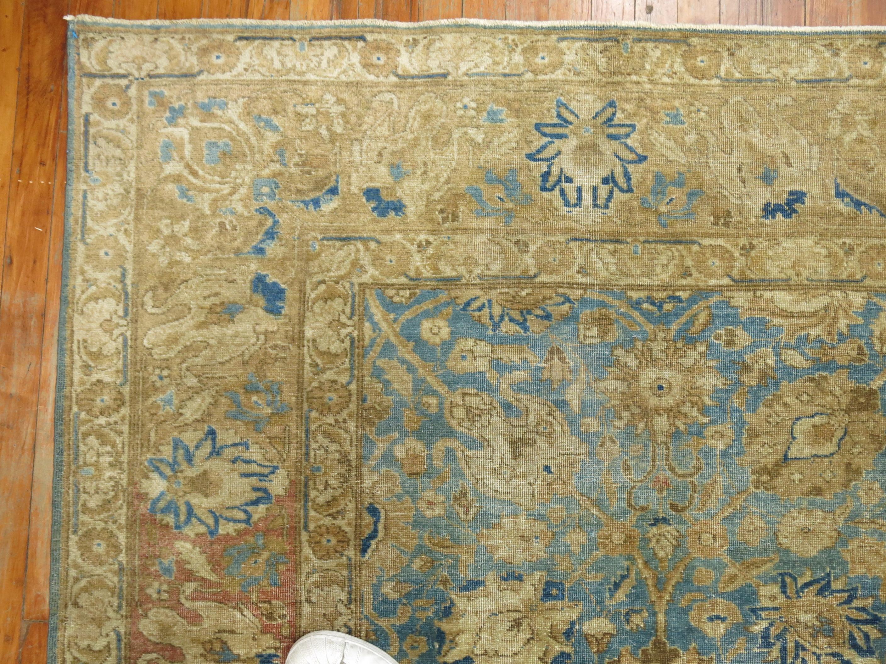 Zabihi Collection Antique Blue Soft Brown Persian Tabriz Rug For Sale 1