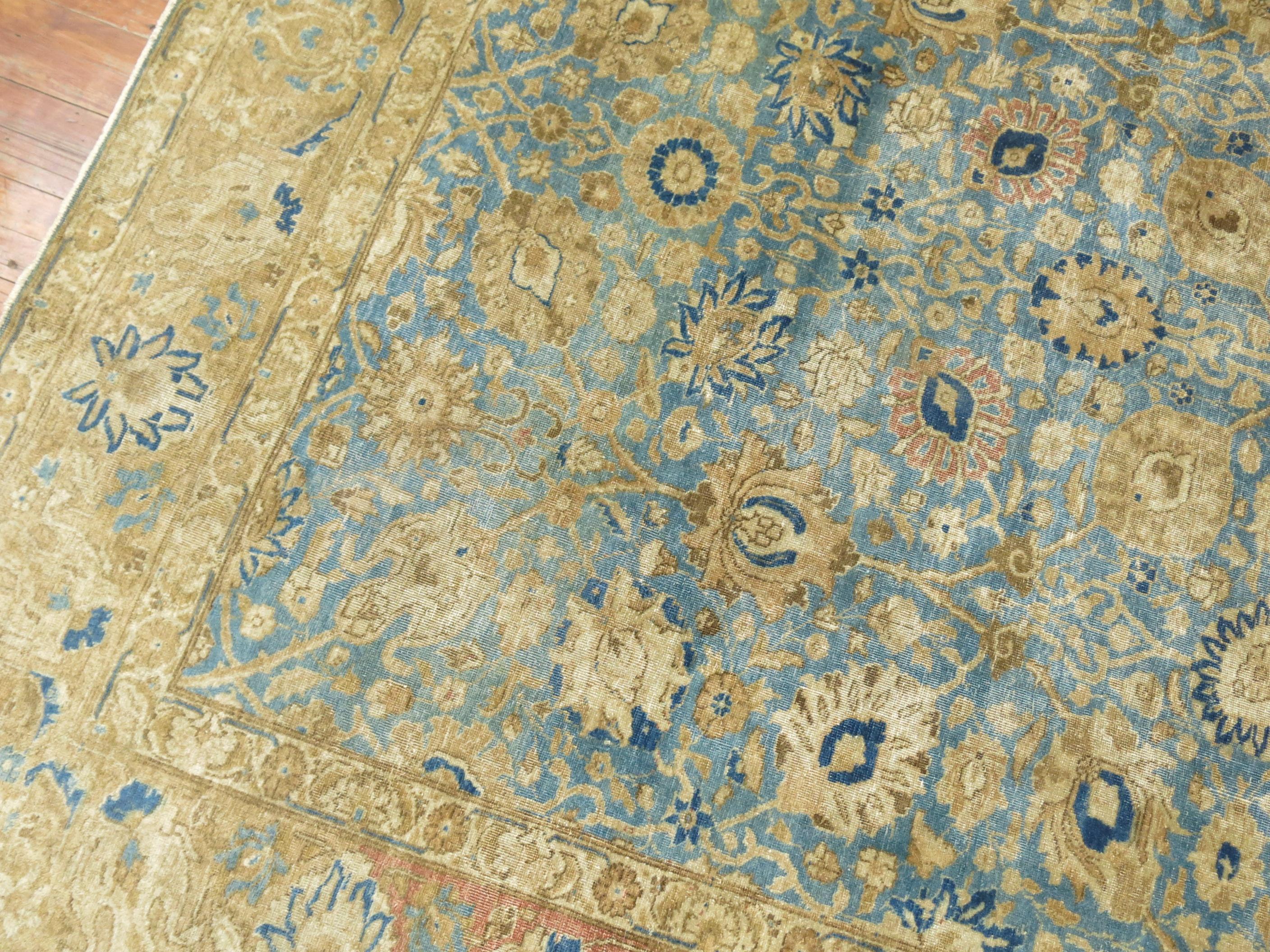 Zabihi Collection Antique Blue Soft Brown Persian Tabriz Rug For Sale 2