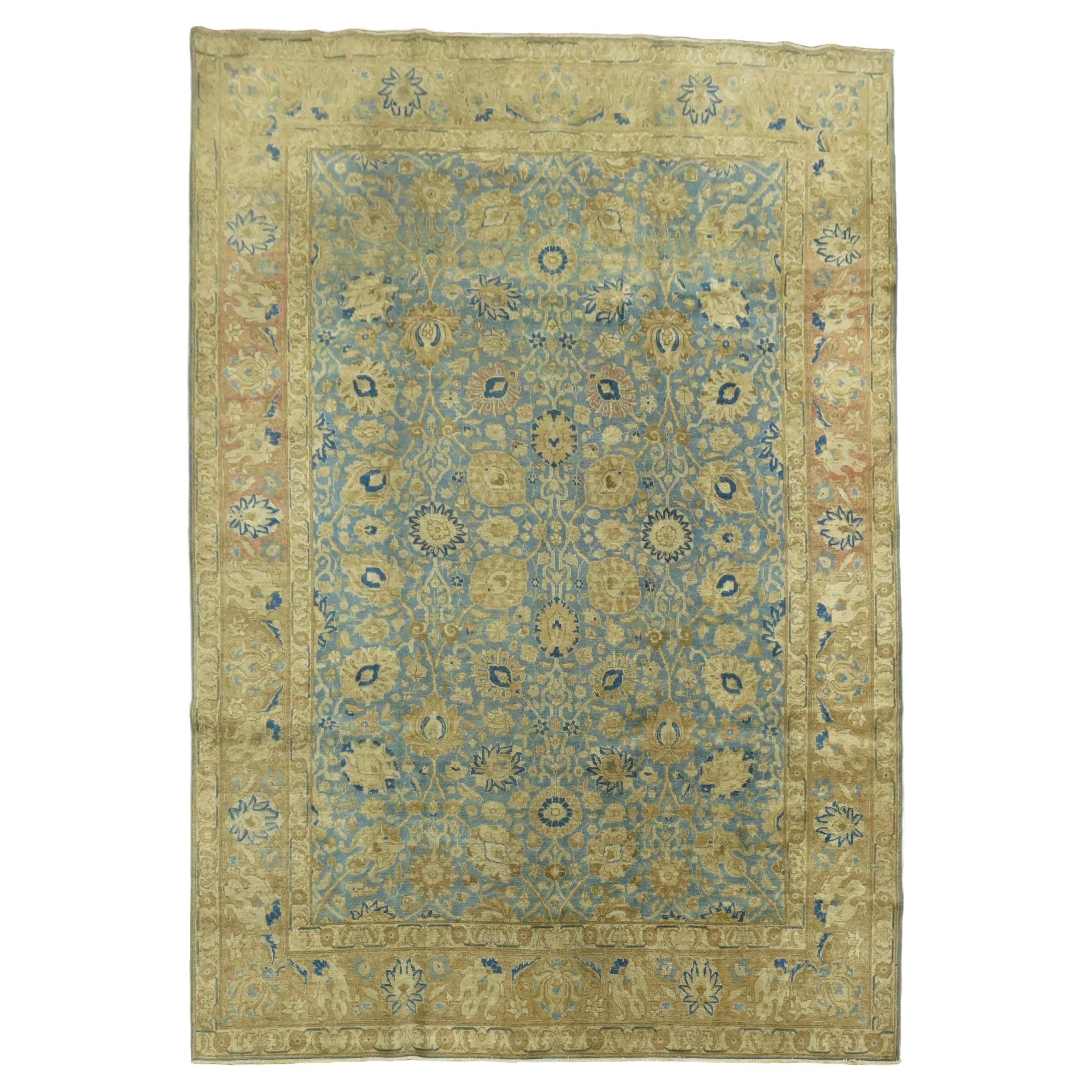 Zabihi Collection Antique Blue Soft Brown Persian Tabriz Rug For Sale