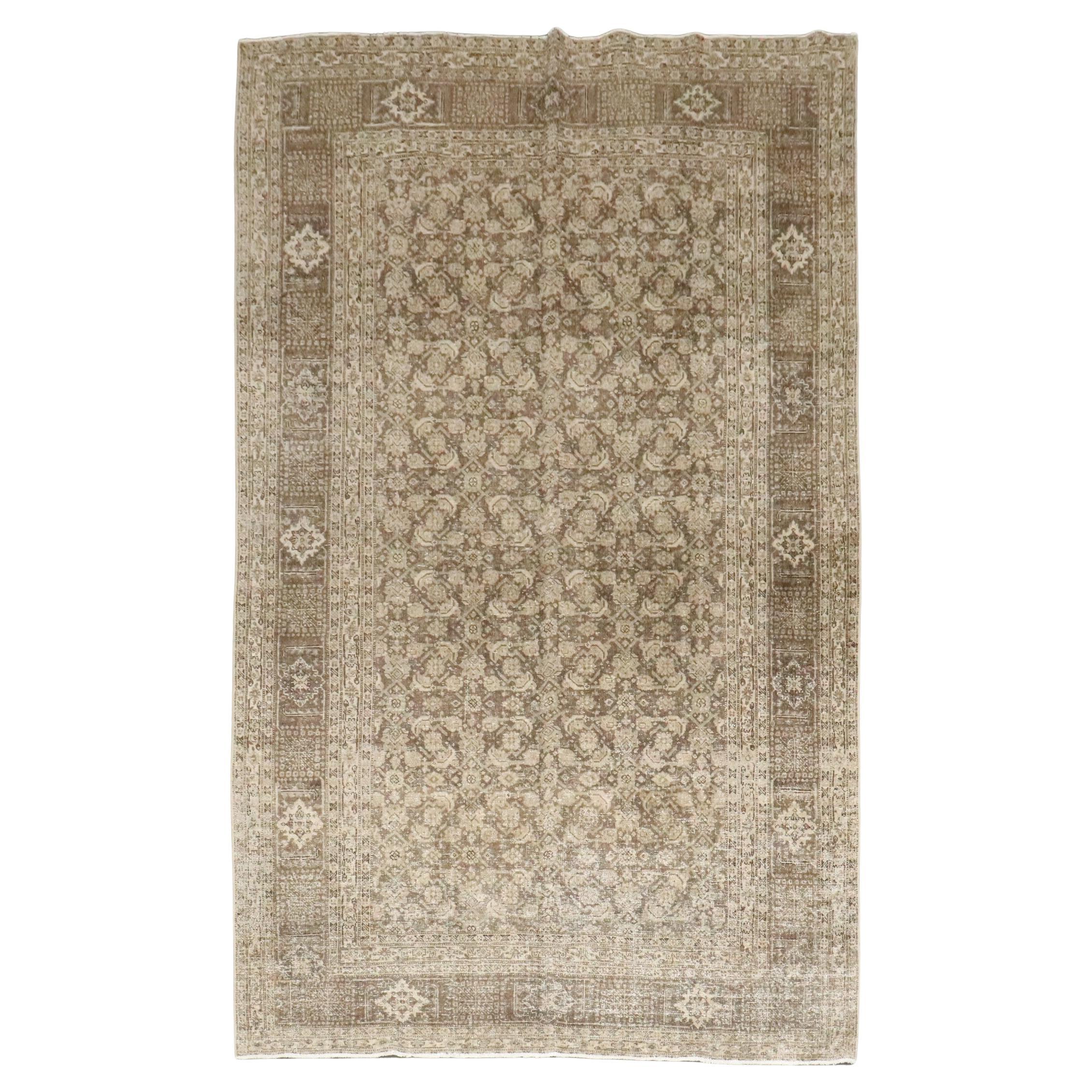 Zabihi Collection Antique Brown Persian Tabriz Worn Rug