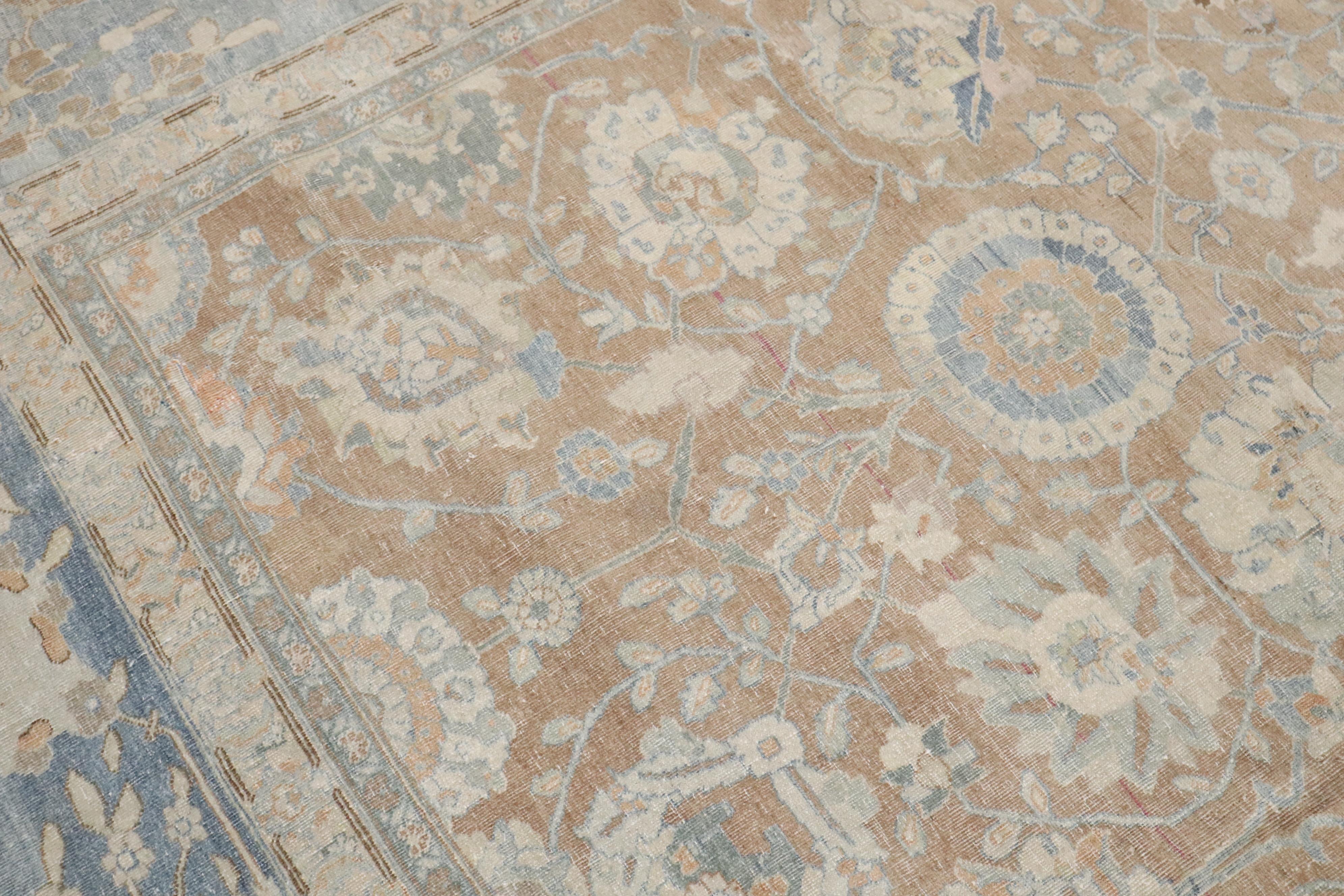 Zabihi Collection Antique Brown Soft Blue Persian Tabriz Rug For Sale 4