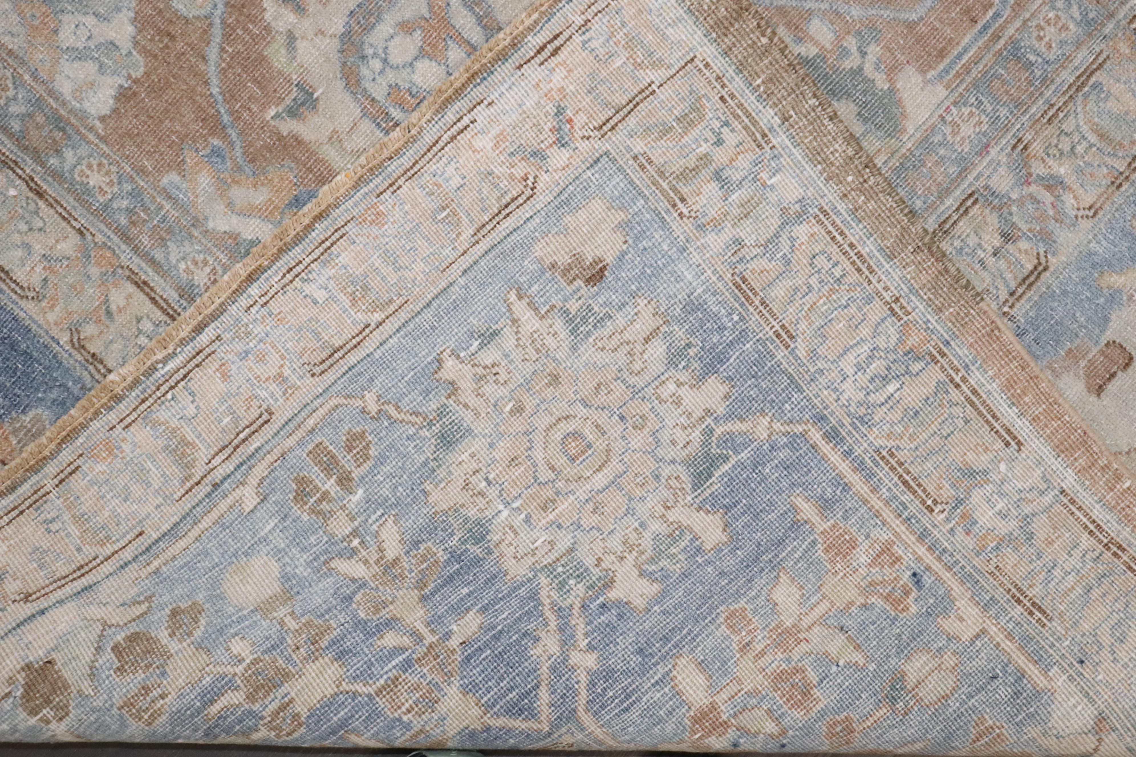 Zabihi Collection Antique Brown Soft Blue Persian Tabriz Rug For Sale 5
