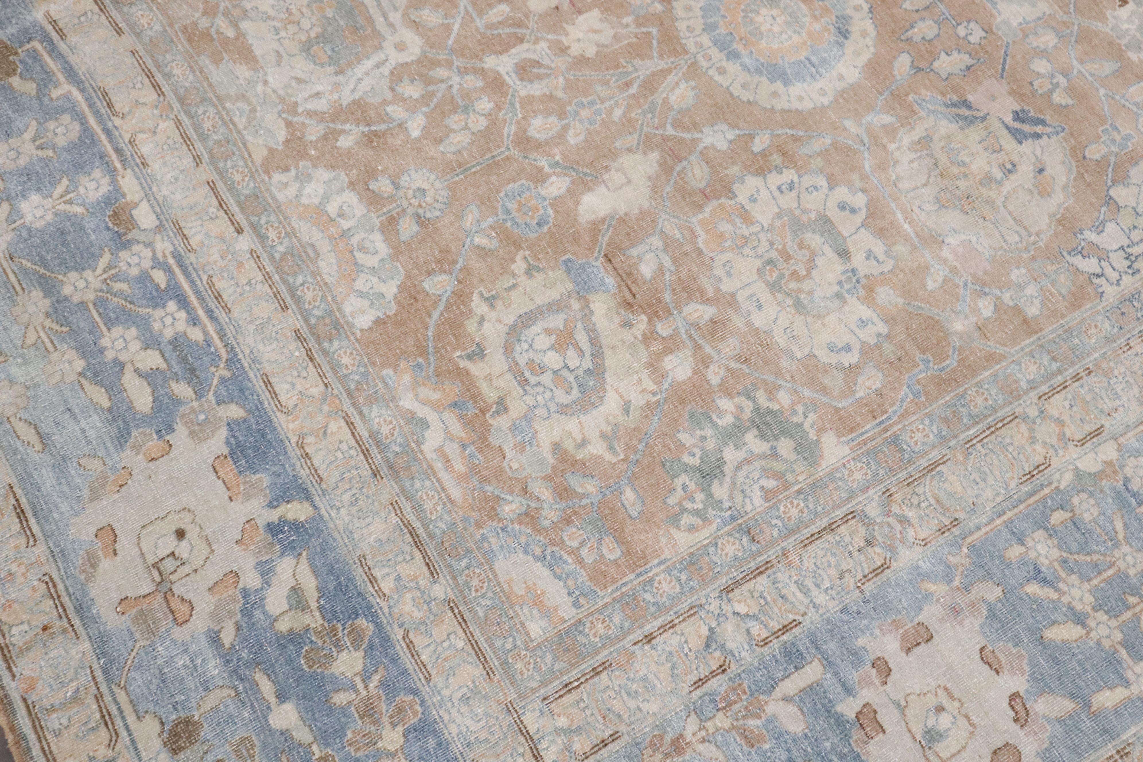 Zabihi Collection Antique Brown Soft Blue Persian Tabriz Rug For Sale 6