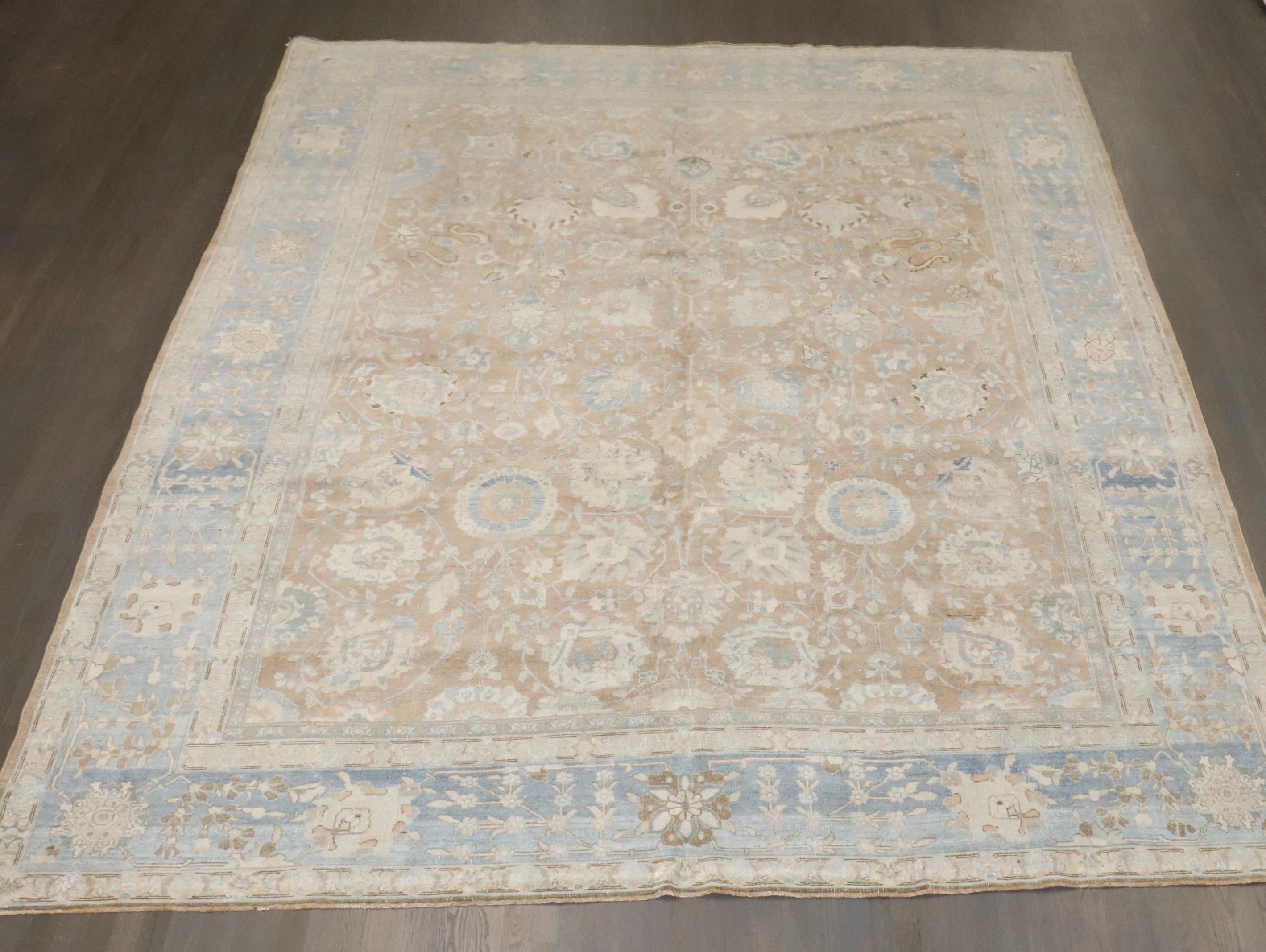 Zabihi Collection Antique Brown Soft Blue Persian Tabriz Rug For Sale 7