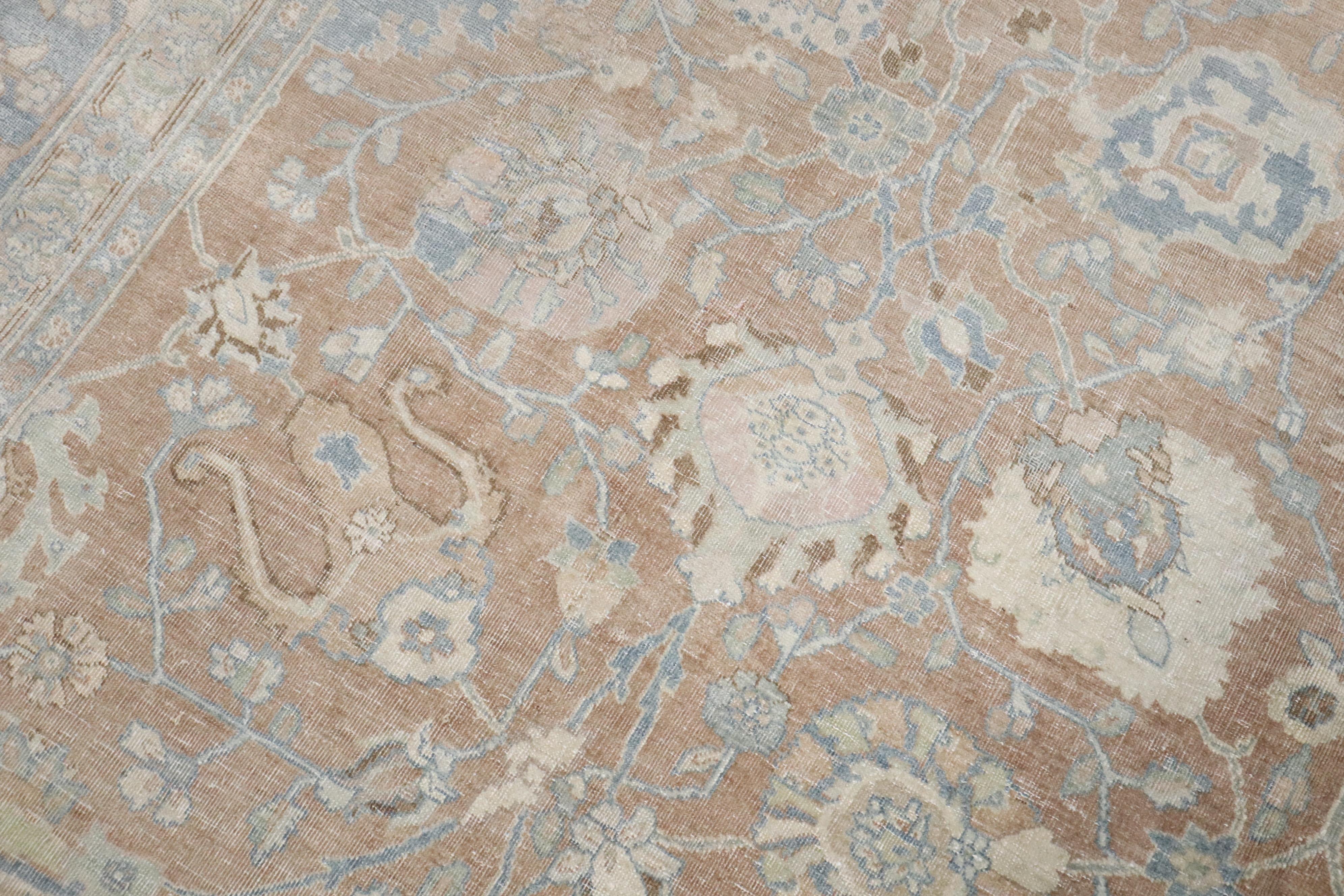 Hand-Woven Zabihi Collection Antique Brown Soft Blue Persian Tabriz Rug For Sale