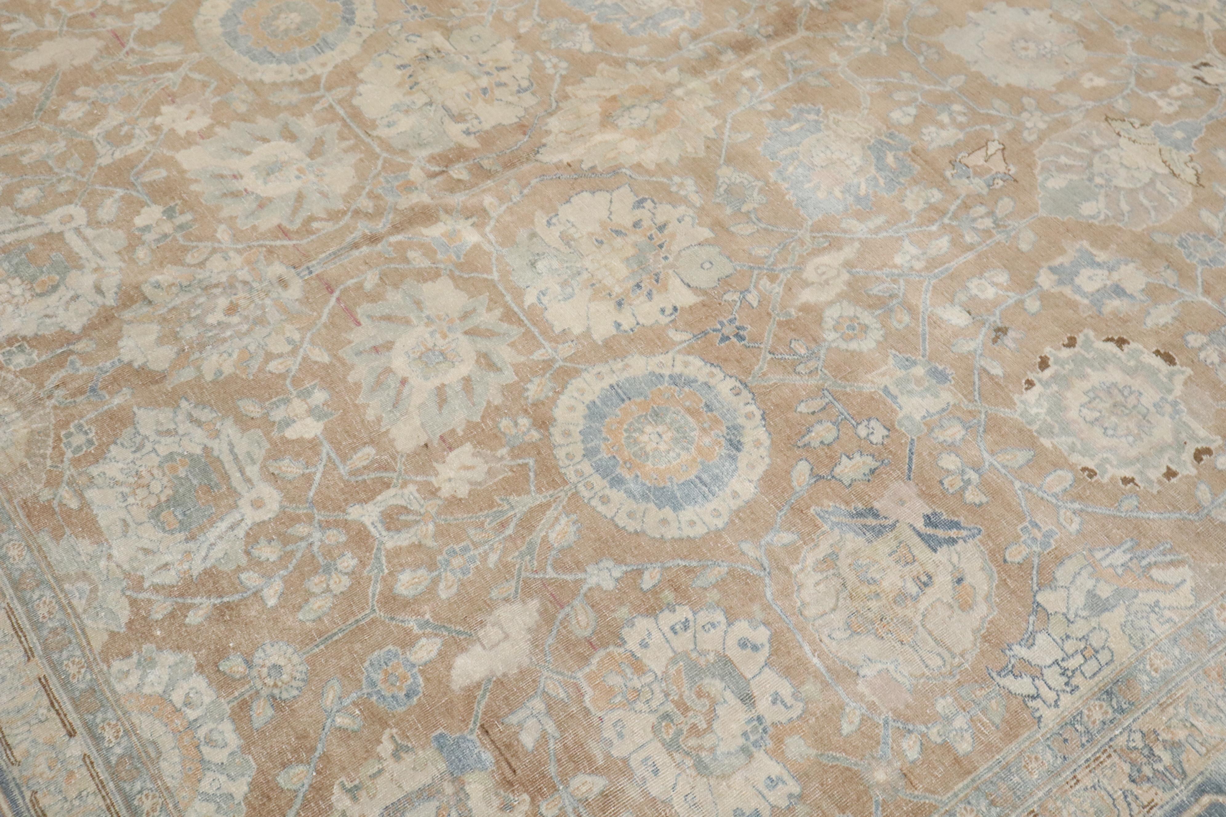 Zabihi Collection Antique Brown Soft Blue Persian Tabriz Rug In Good Condition For Sale In New York, NY