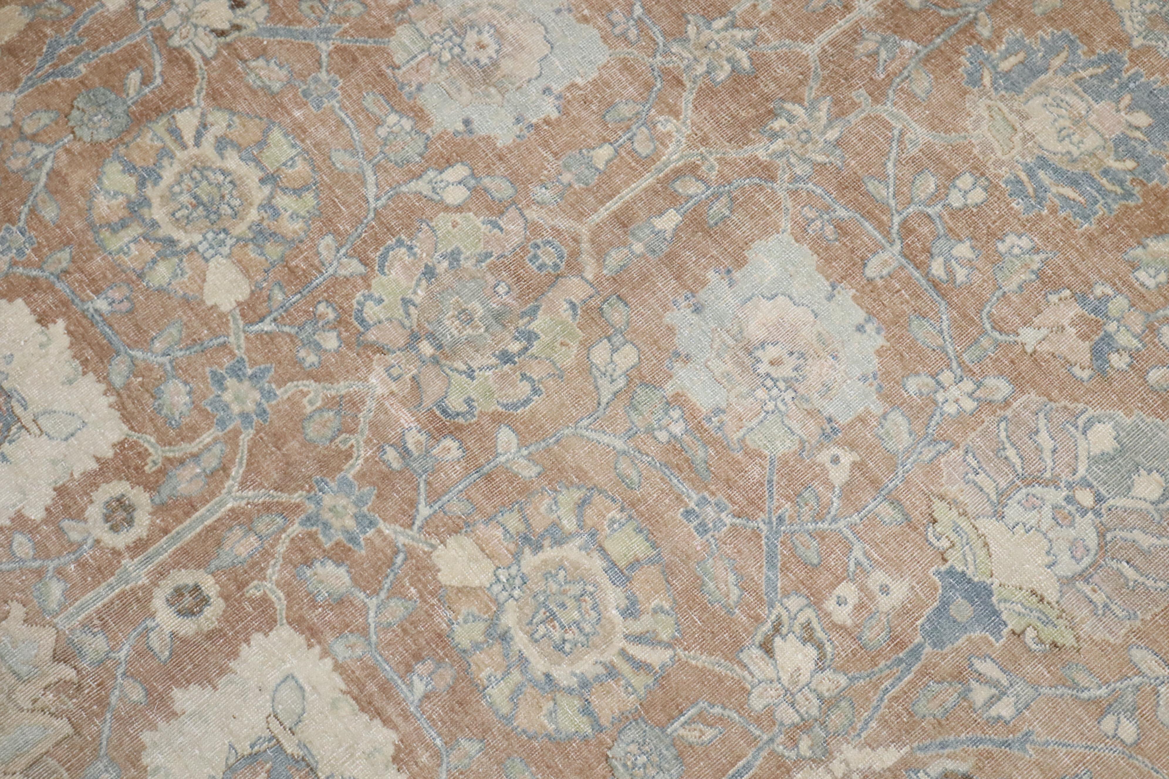 Wool Zabihi Collection Antique Brown Soft Blue Persian Tabriz Rug For Sale