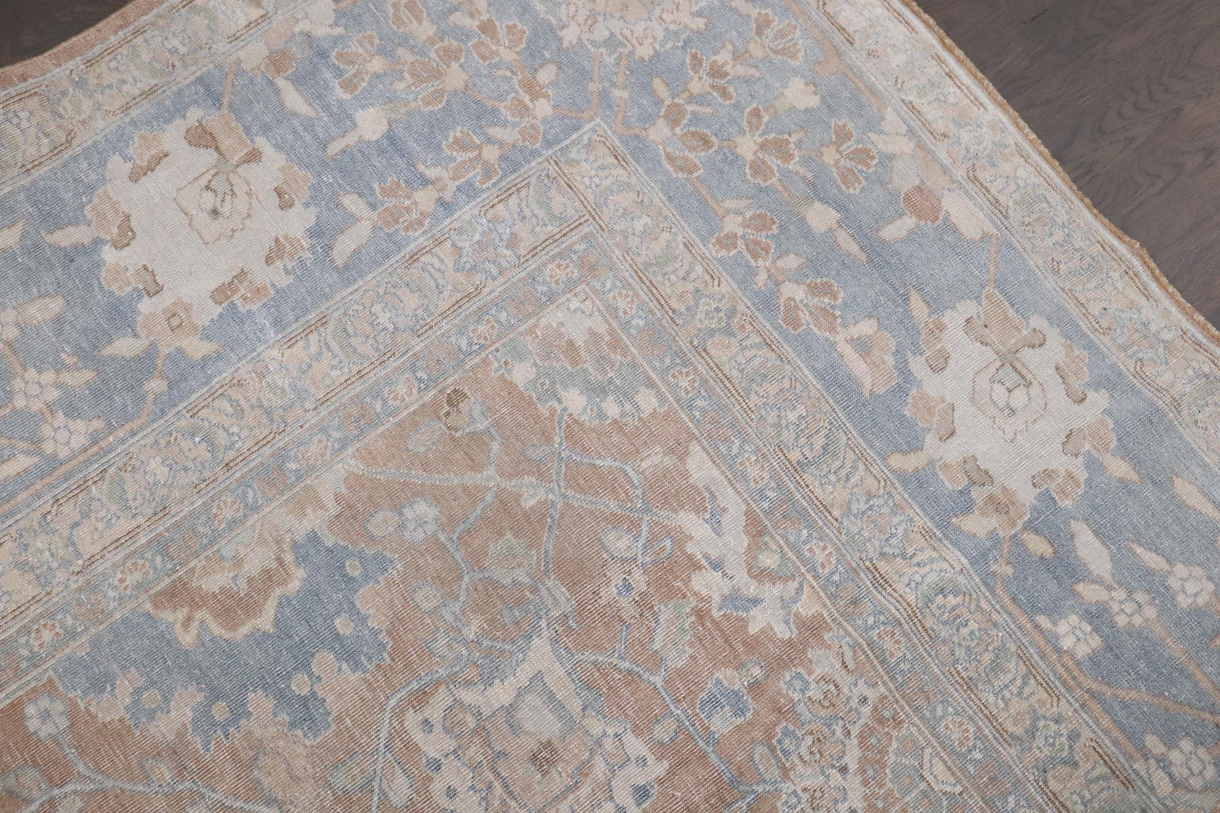 Zabihi Collection Antique Brown Soft Blue Persian Tabriz Rug For Sale 1