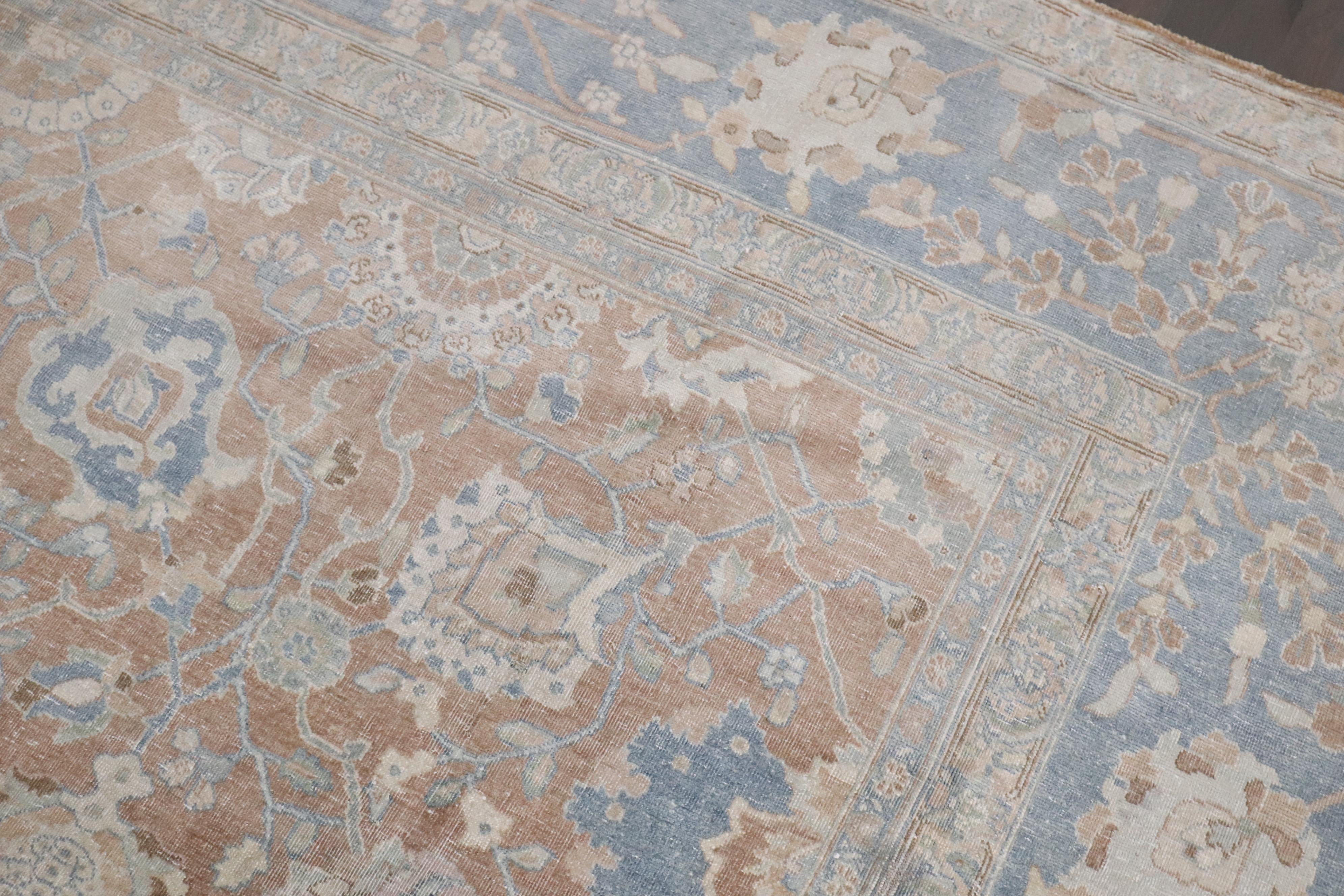 Zabihi Collection Antique Brown Soft Blue Persian Tabriz Rug For Sale 2