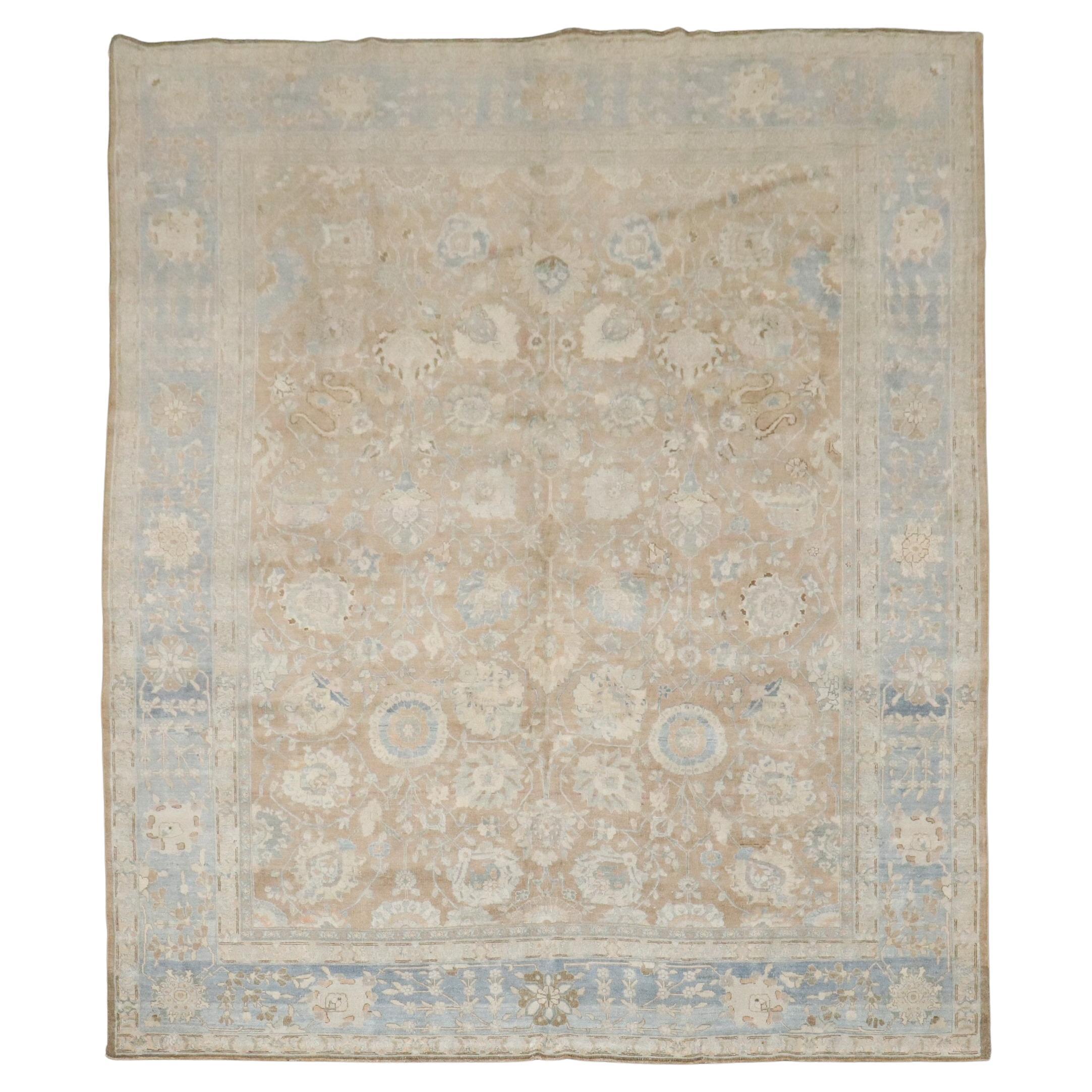 Zabihi Collection Antique Brown Soft Blue Persian Tabriz Rug For Sale