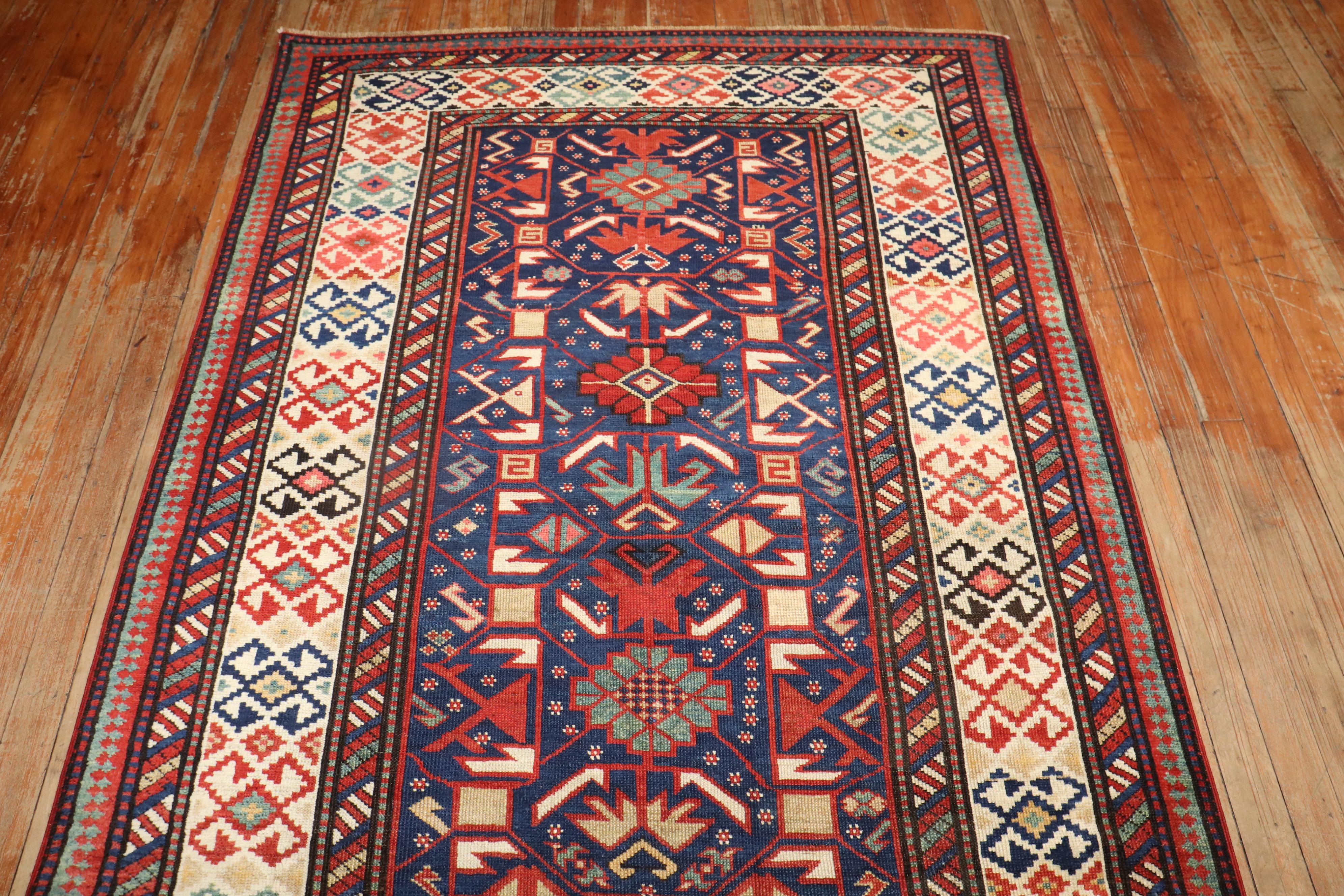 Hand-Knotted Zabihi Collection Antique Caucasian Kuba 19th Century Wide Runner For Sale