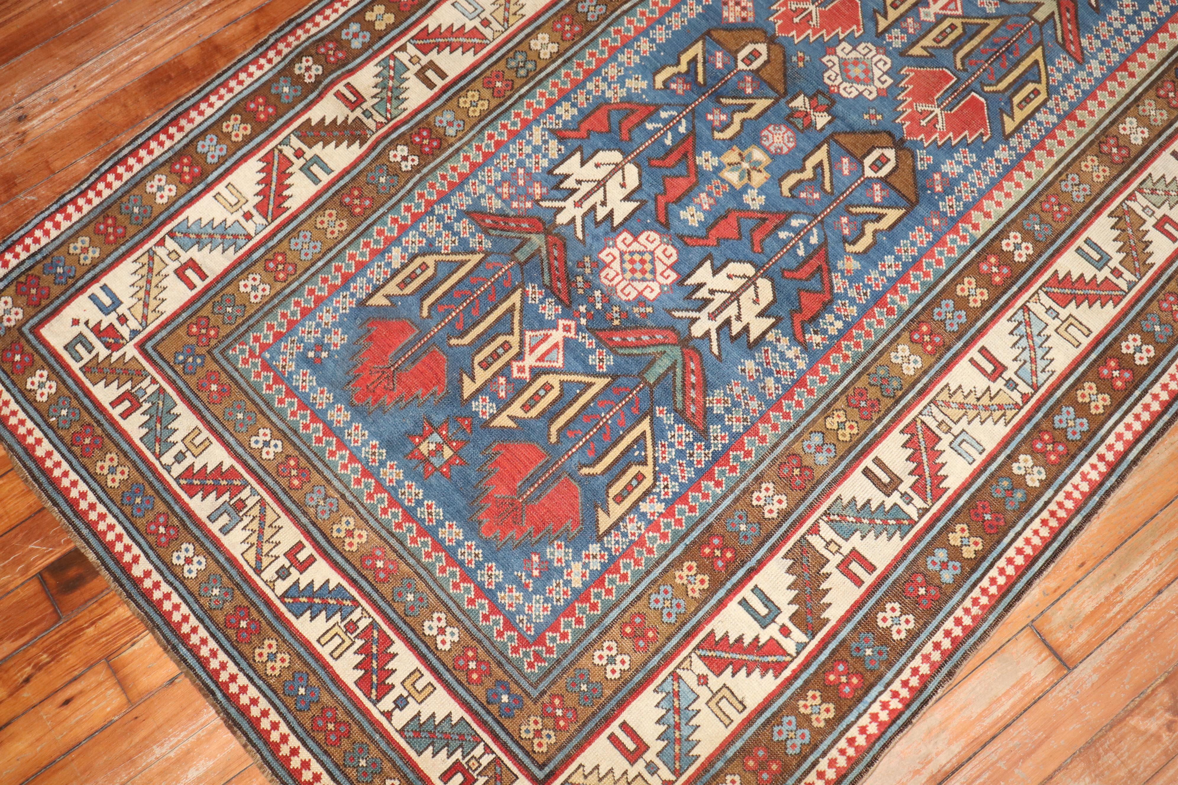 Hand-Knotted Zabihi Collection Antique Caucasian Kuba 19th Century Wide Soft Blue Runner For Sale