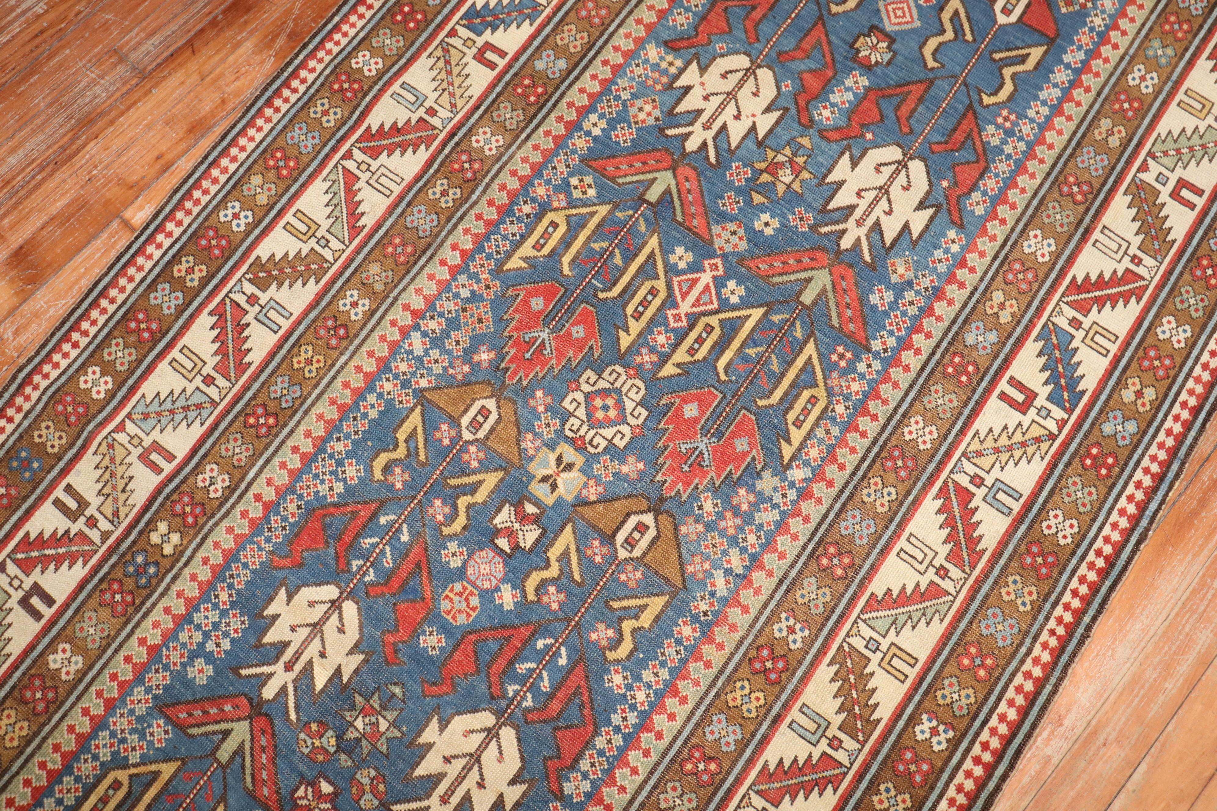 Zabihi Collection Antique Caucasian Kuba 19th Century Wide Soft Blue Runner In Good Condition For Sale In New York, NY