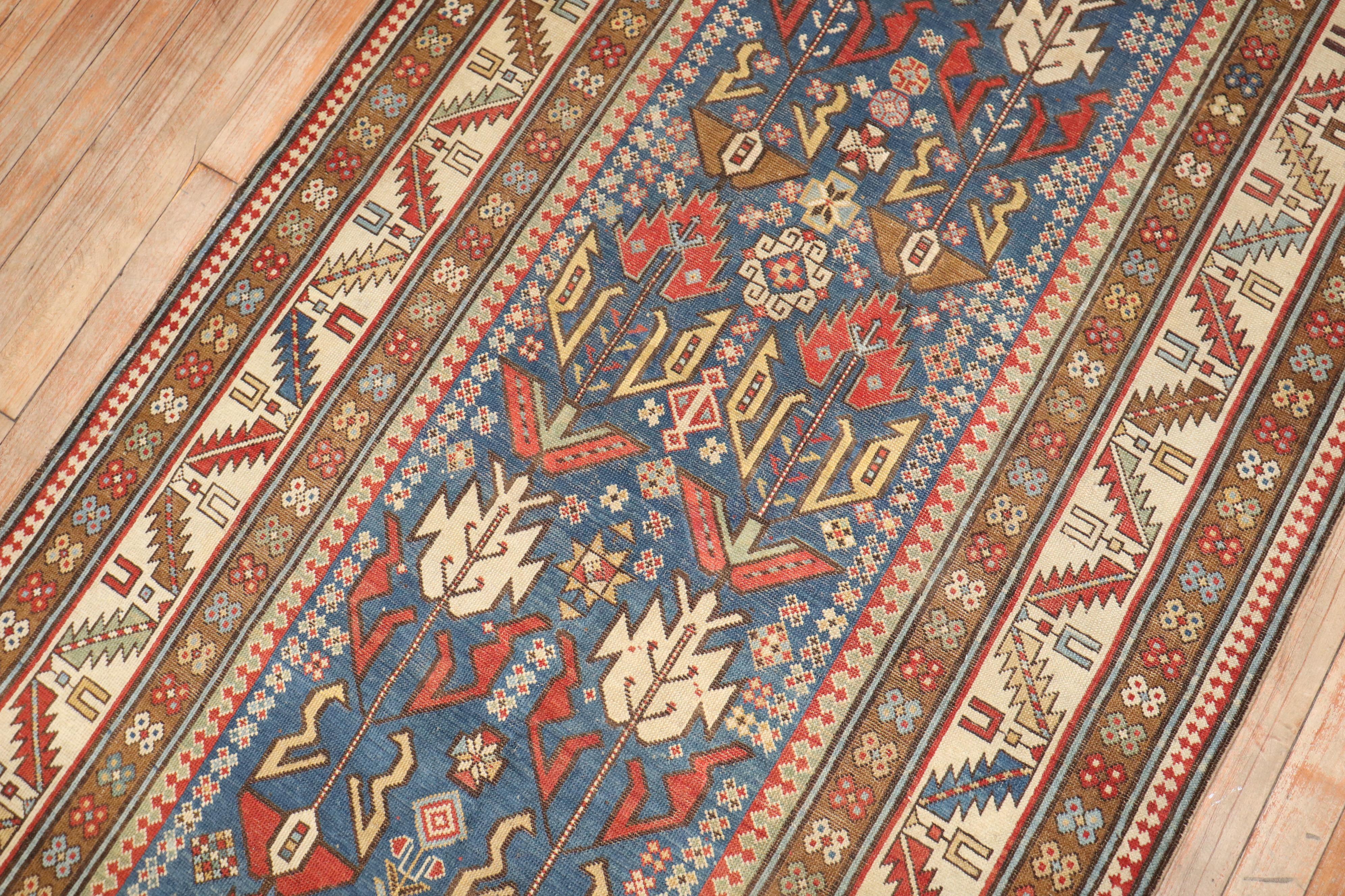 Wool Zabihi Collection Antique Caucasian Kuba 19th Century Wide Soft Blue Runner For Sale