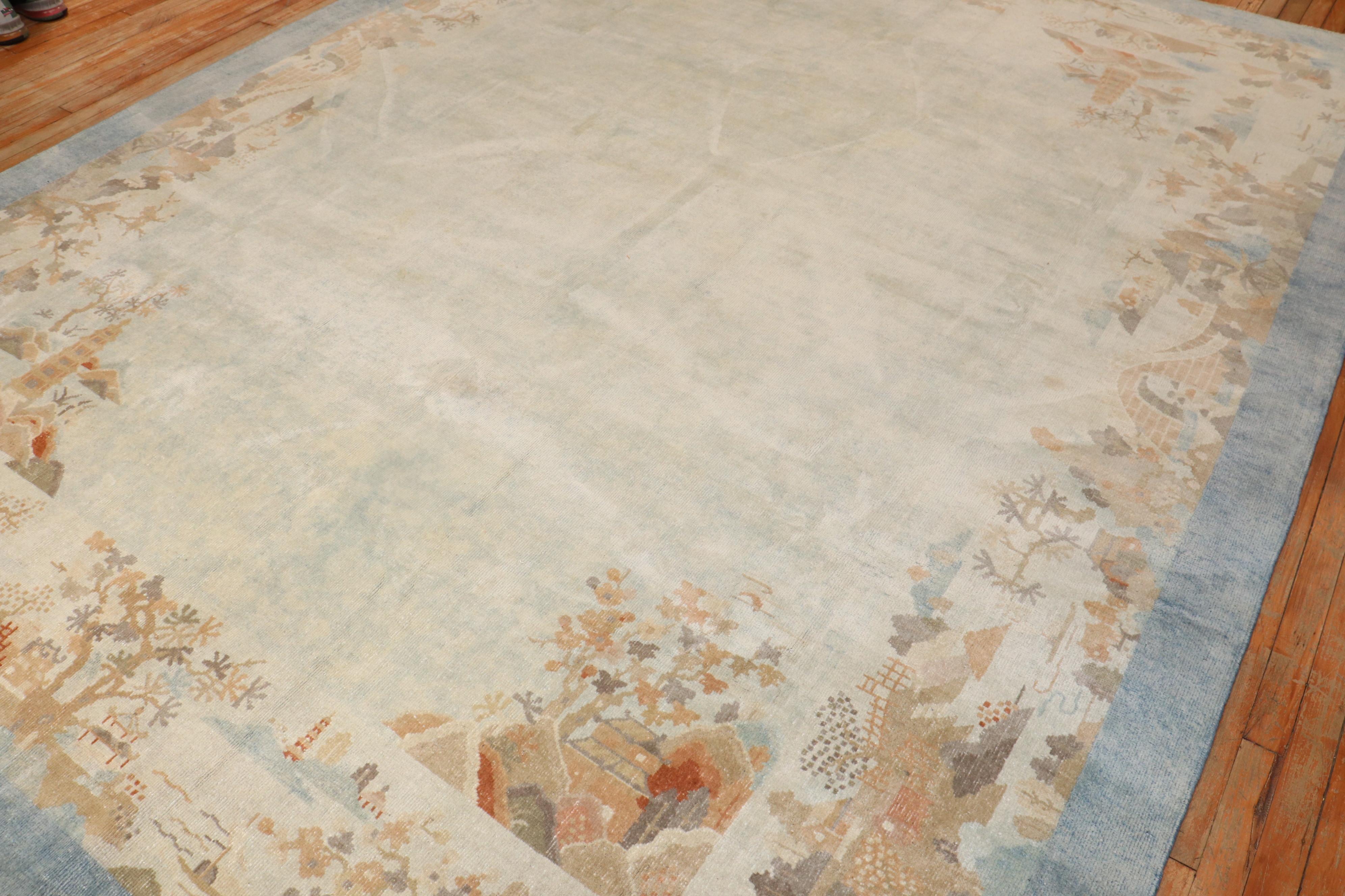 a 1930s Chinese Peking Rug with a blotchy light color solid field surrounded by a figurative scenery border.

Details
rug no.	j2637
size	8' 10