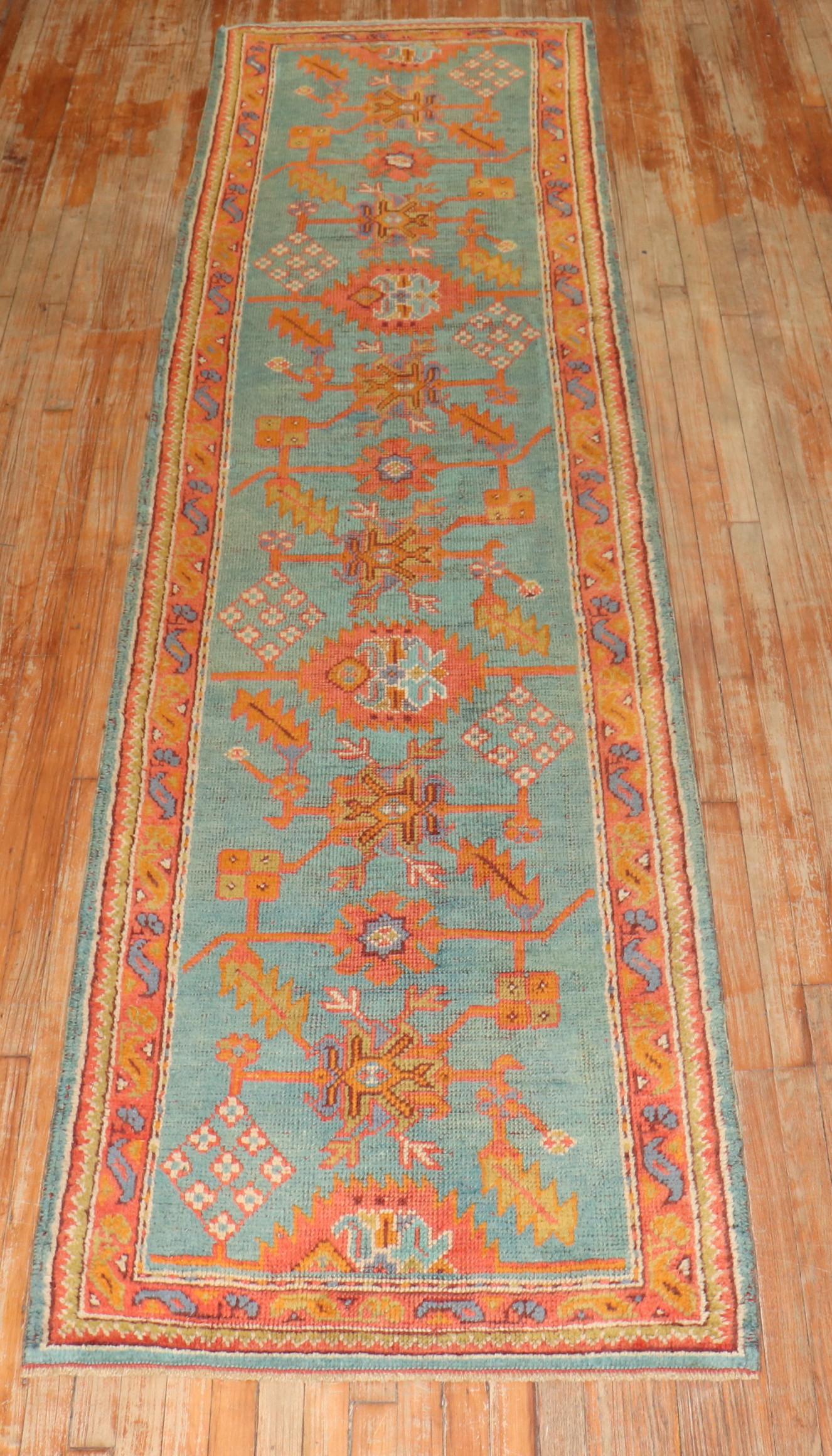 Country Zabihi Collection Antique Colorful Oushak Runner For Sale