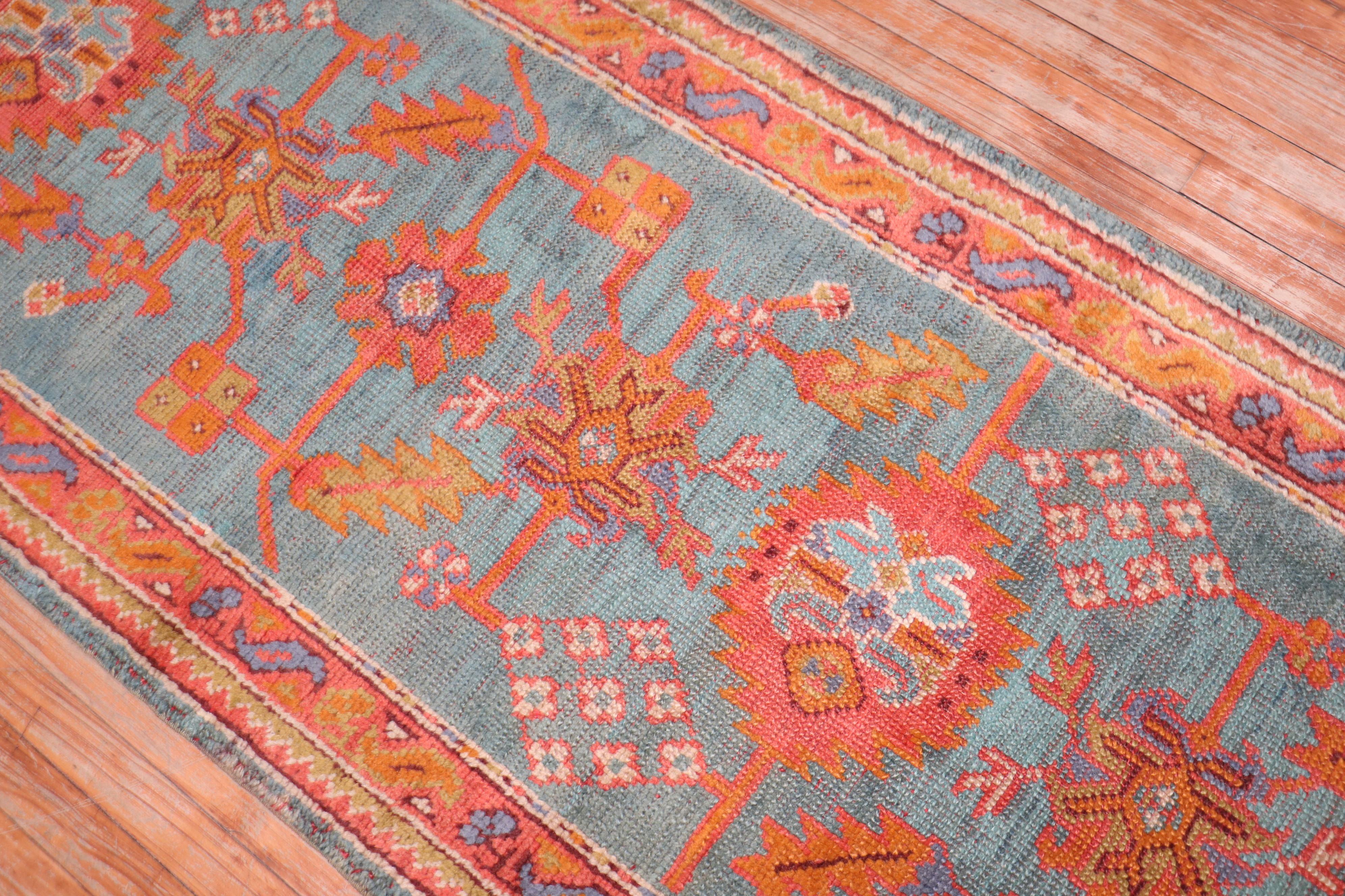 Hand-Knotted Zabihi Collection Antique Colorful Oushak Runner For Sale