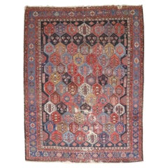 Zabihi Collection Vintage Geometric Persian Bakhtiari Worn Rug