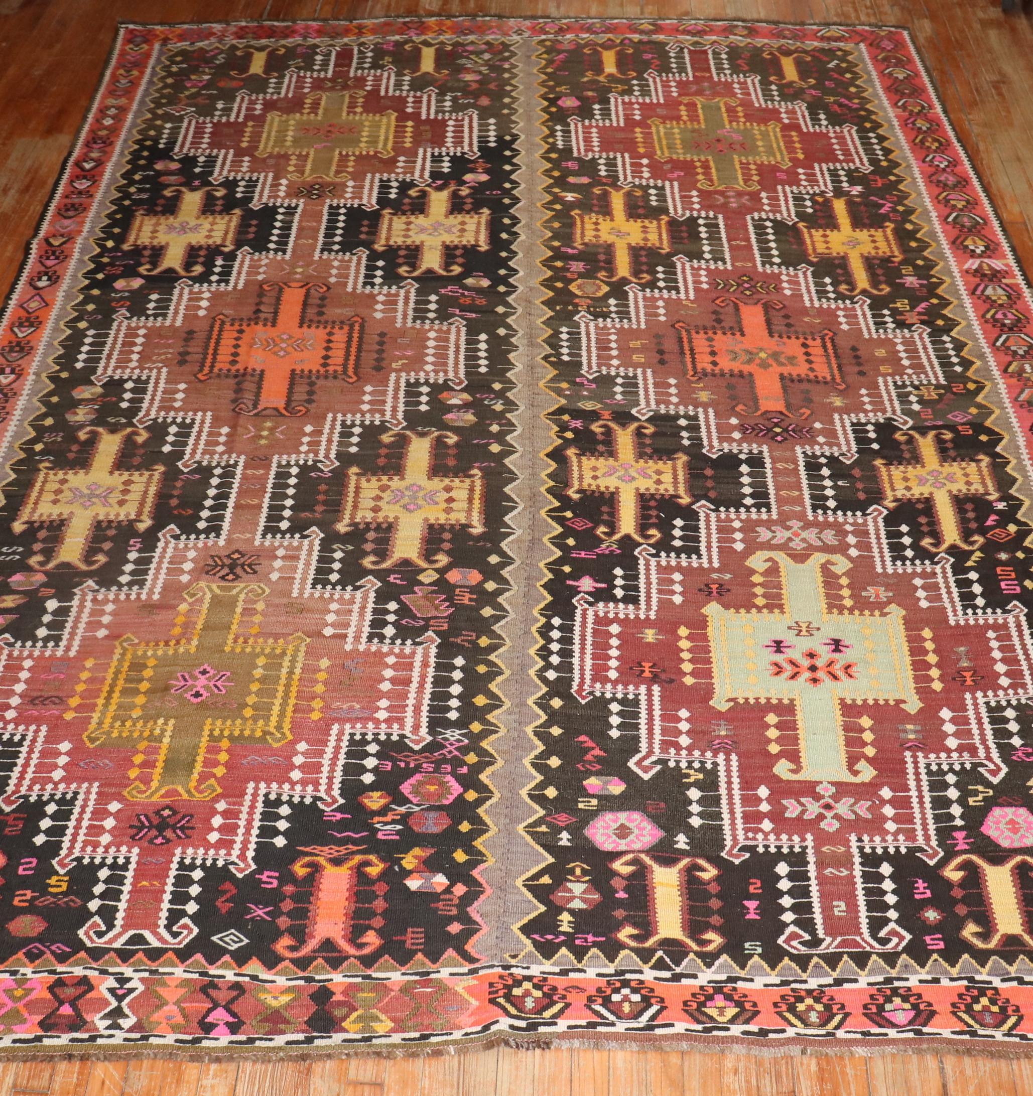 Hand-Woven Zabihi Collection Antique Geometric Turkish Kilim For Sale