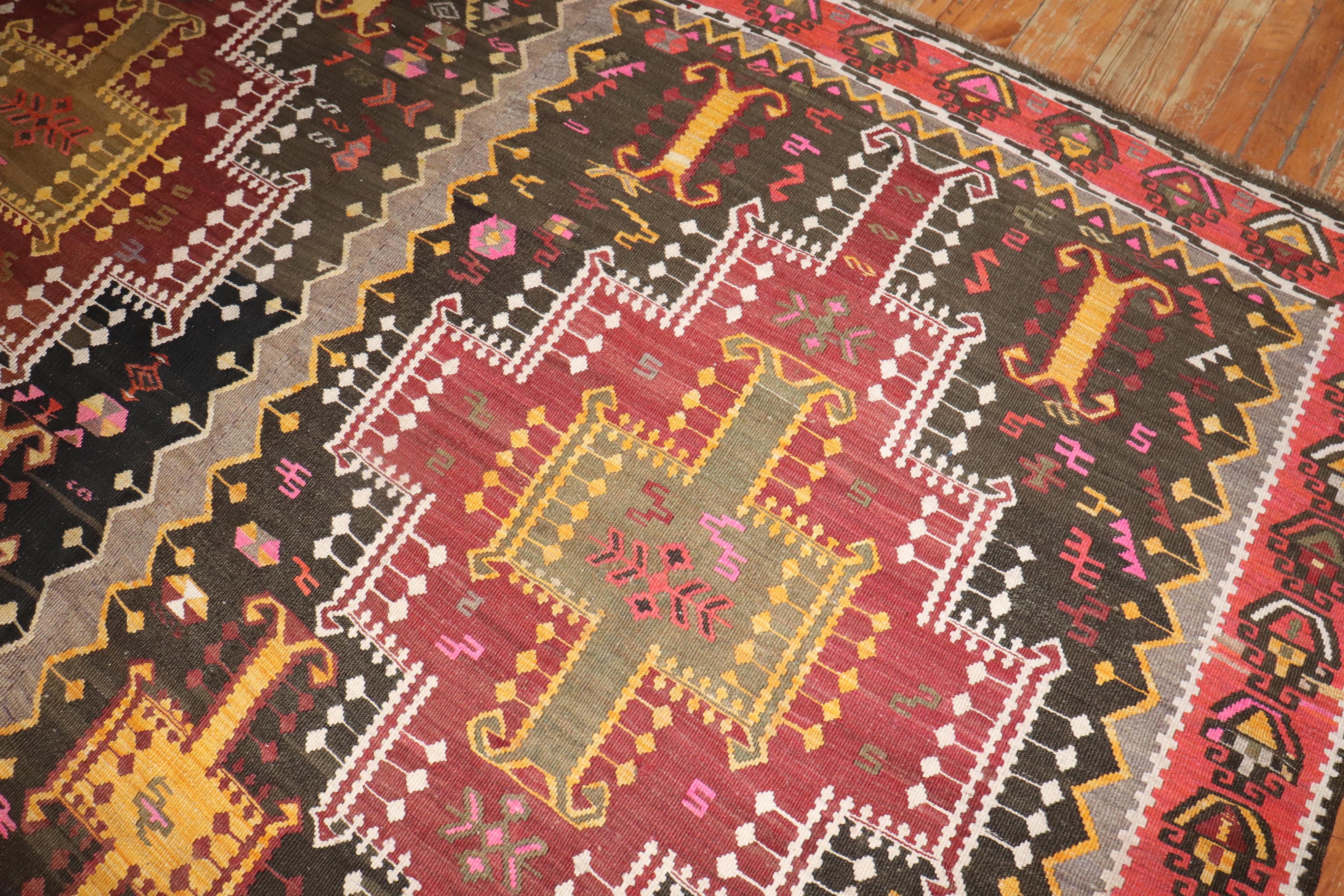 Wool Zabihi Collection Antique Geometric Turkish Kilim For Sale