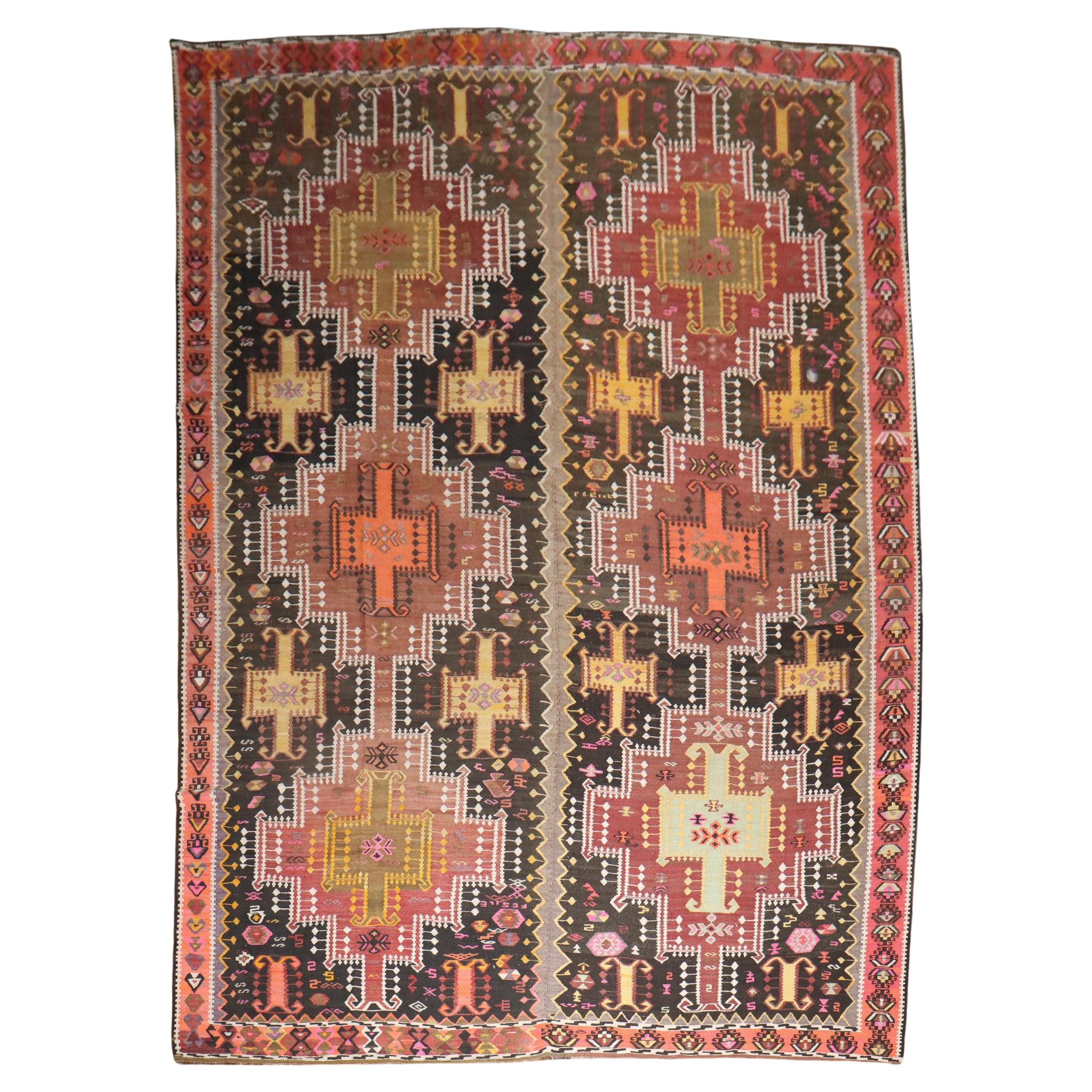 Zabihi Collection Antique Geometric Turkish Kilim For Sale