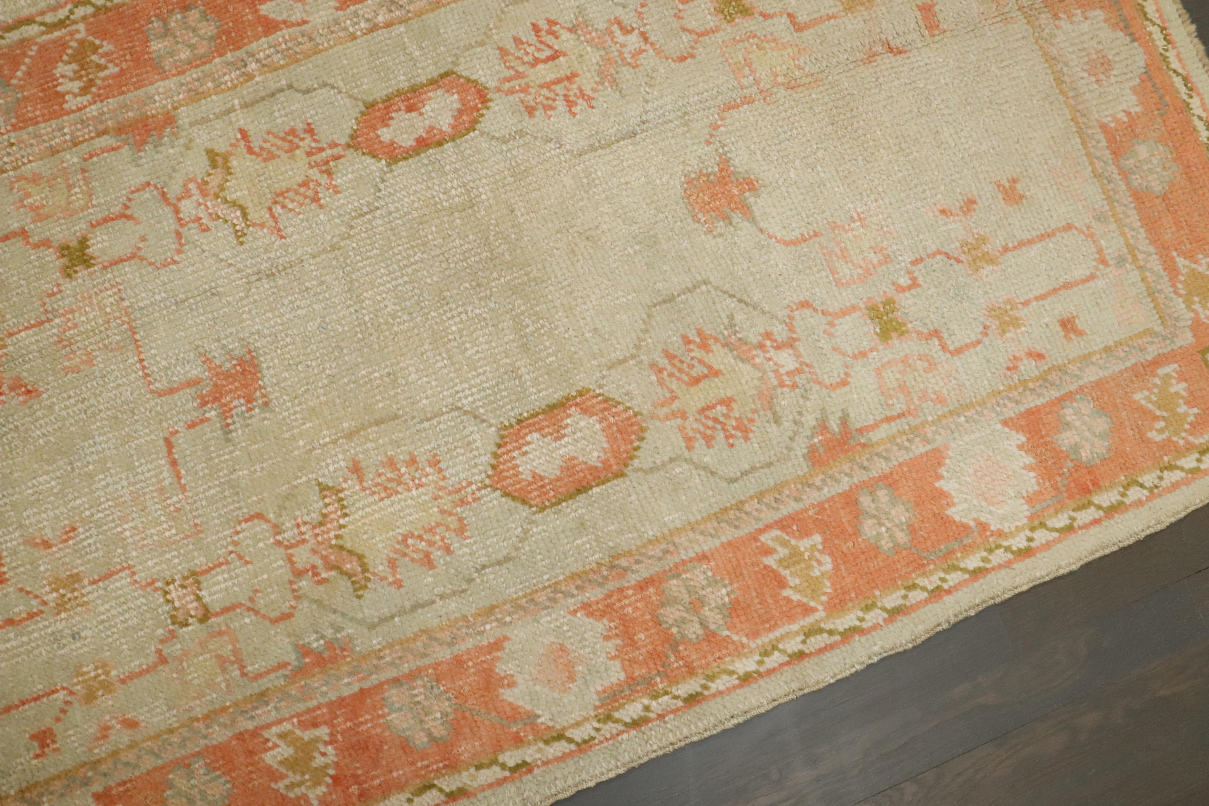 Zabihi Collection Antique Ivory Orange Oushak Rug In Good Condition For Sale In New York, NY