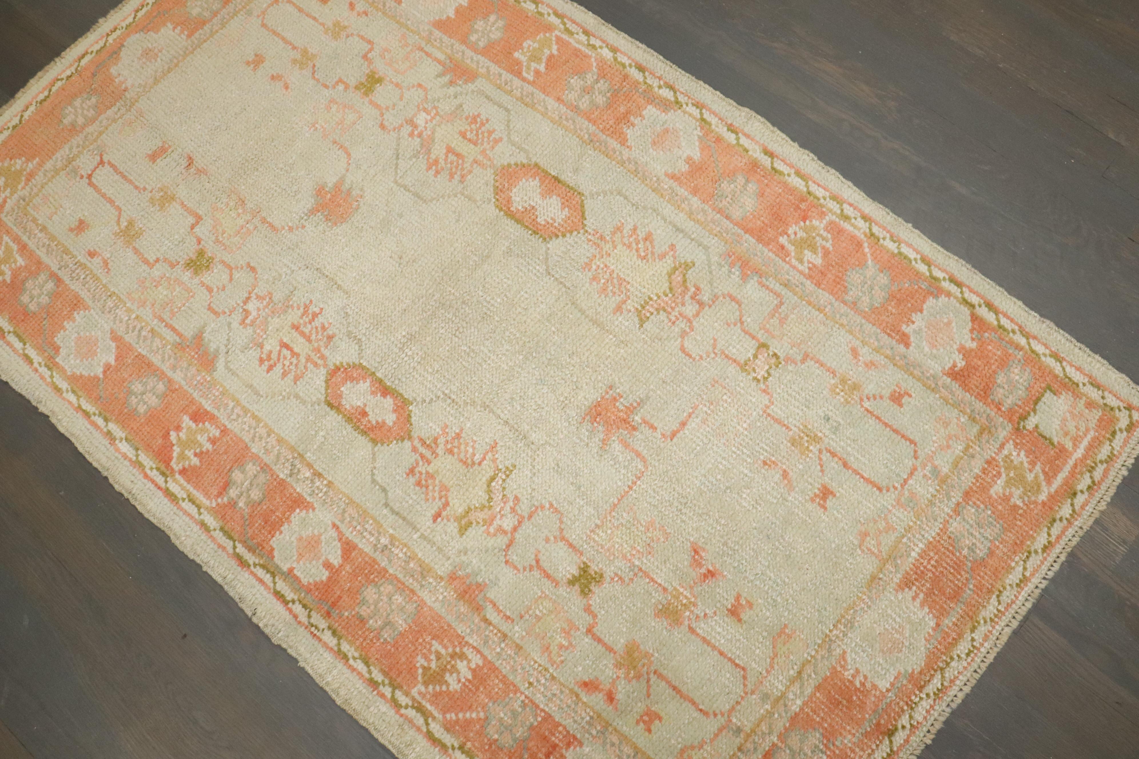 Wool Zabihi Collection Antique Ivory Orange Oushak Rug For Sale