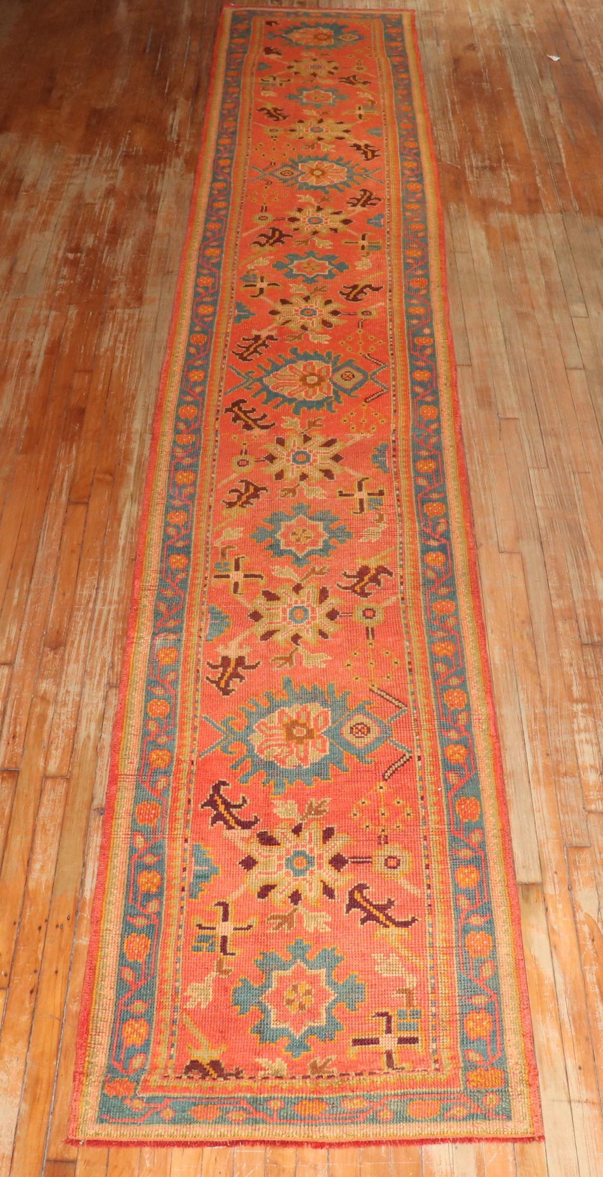 Zabihi Collection Antique Long Orange Turkish Oushak Early 20th Century Runner For Sale 7