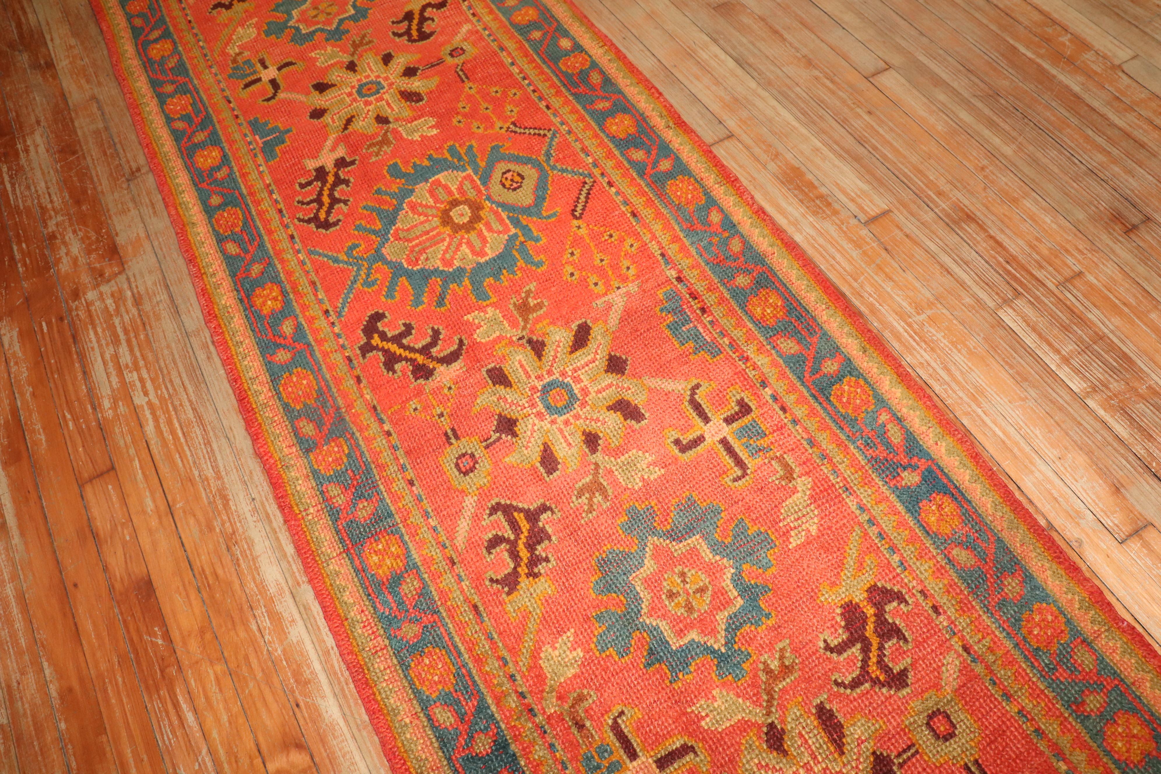 Wool Zabihi Collection Antique Long Orange Turkish Oushak Early 20th Century Runner For Sale