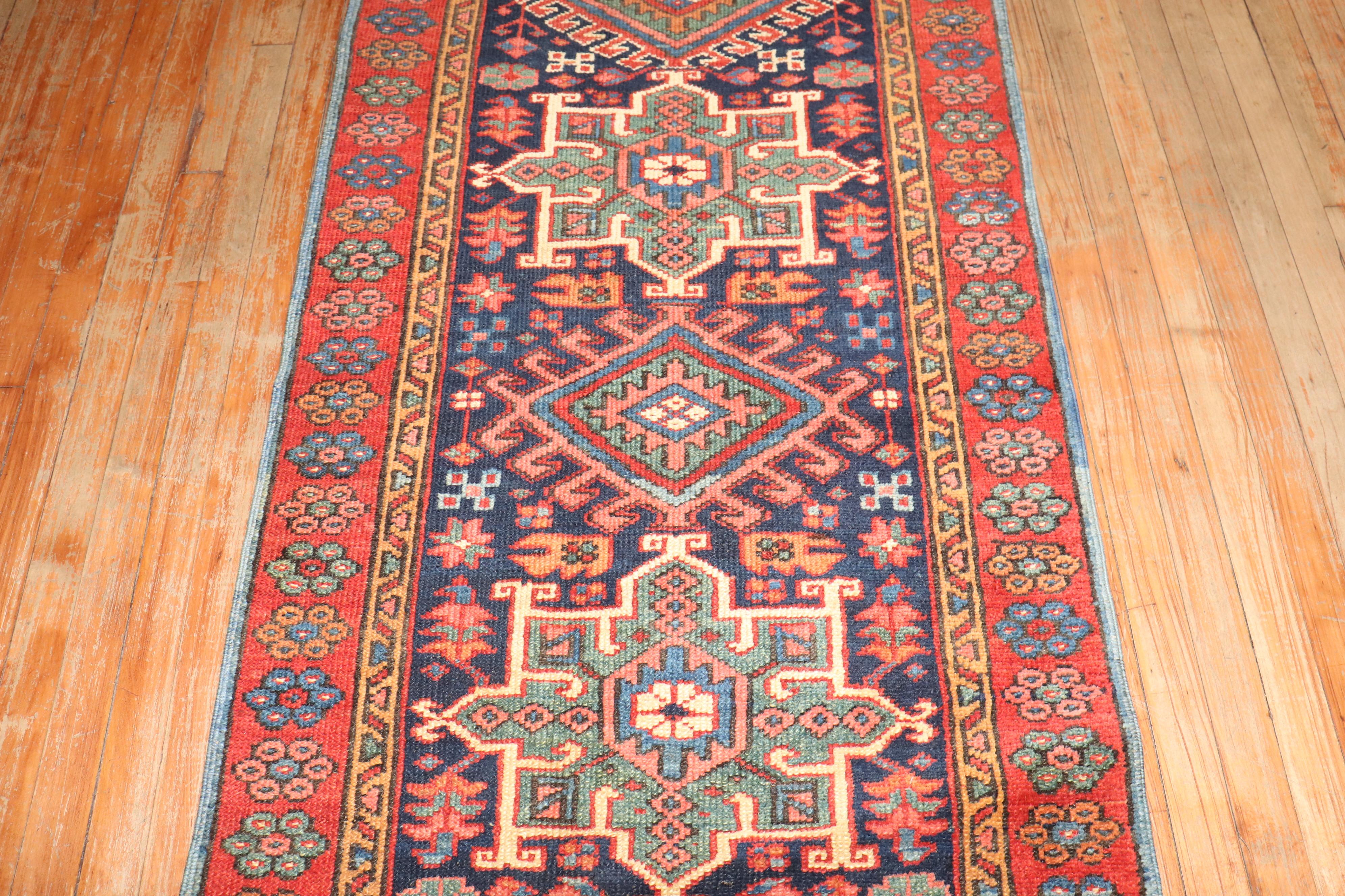 Persian Zabihi Collection Antique Navy Blue Heriz Runner For Sale