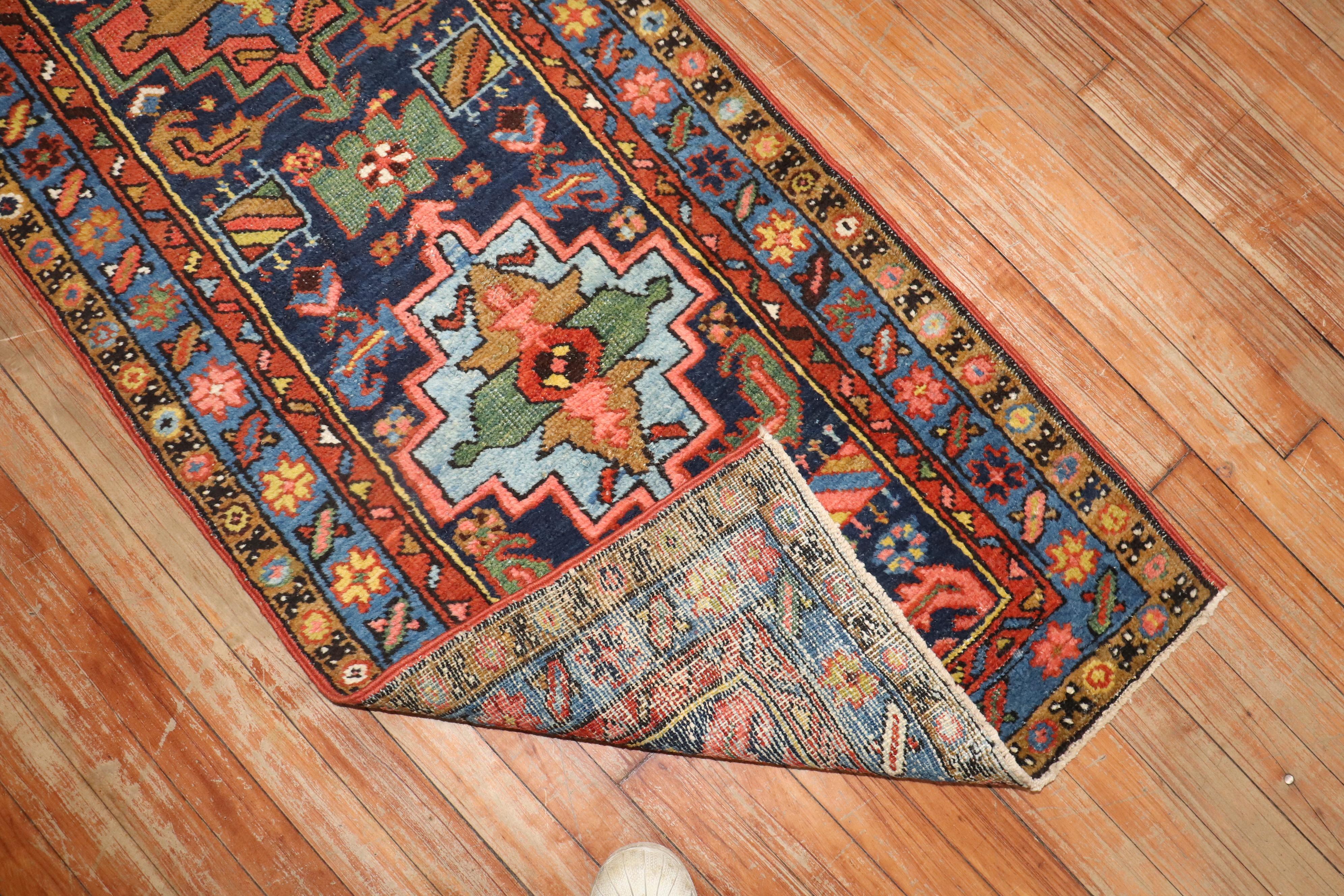 Zabihi Collection Antique Navy Blue Narrow Heriz Runner In Good Condition For Sale In New York, NY
