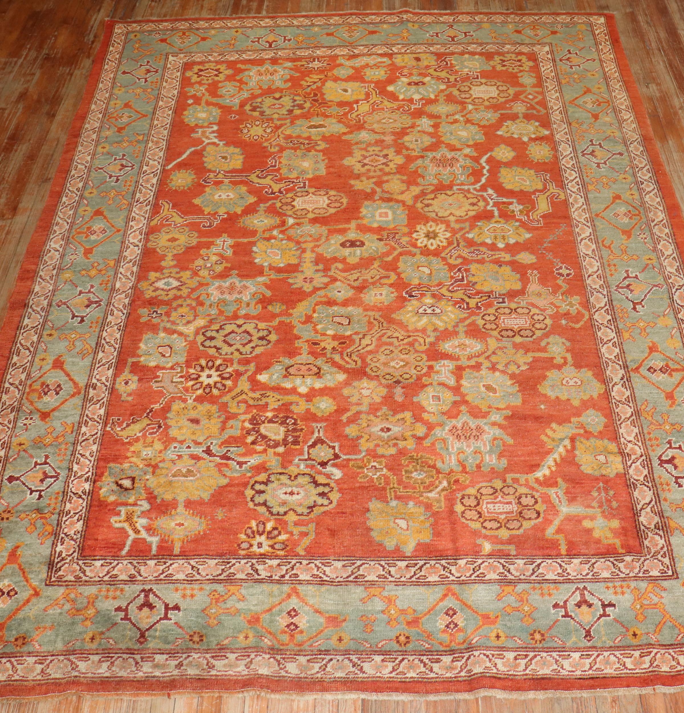 Zabihi Collection Antique Oushak Coral Red Rug For Sale 5