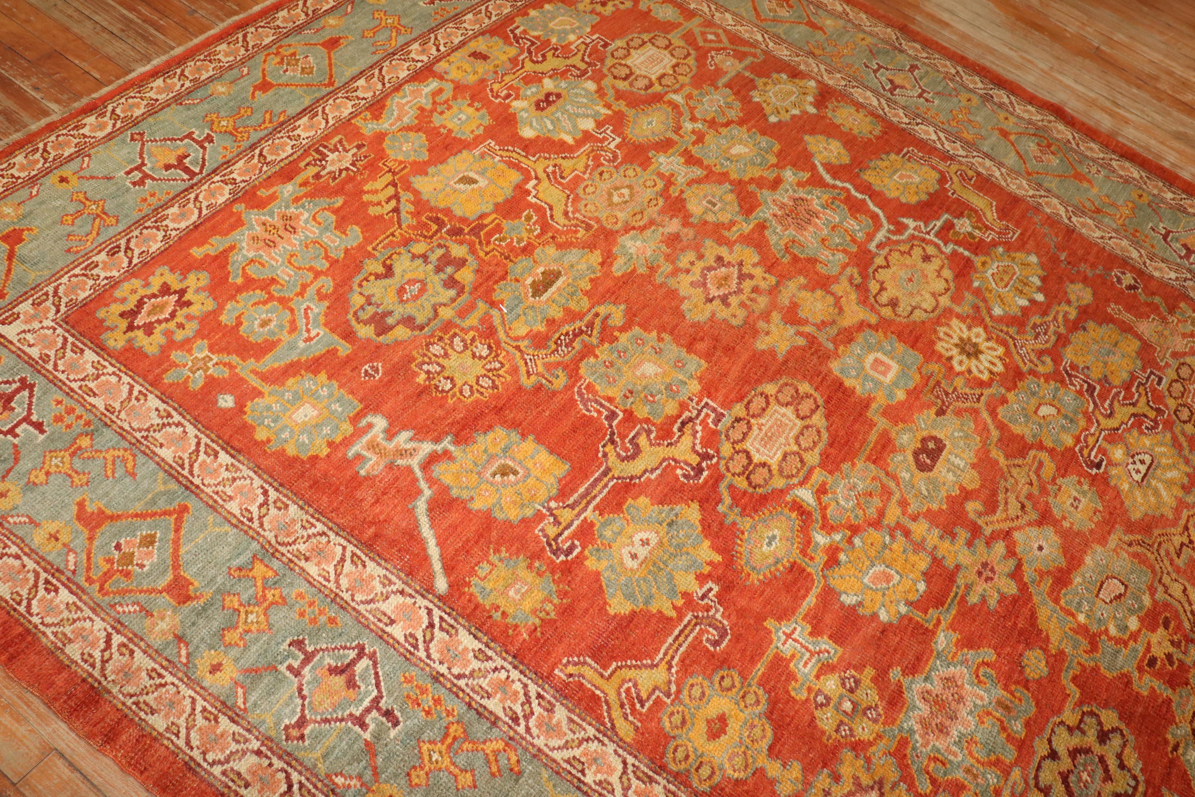 Wool Zabihi Collection Antique Oushak Coral Red Rug For Sale