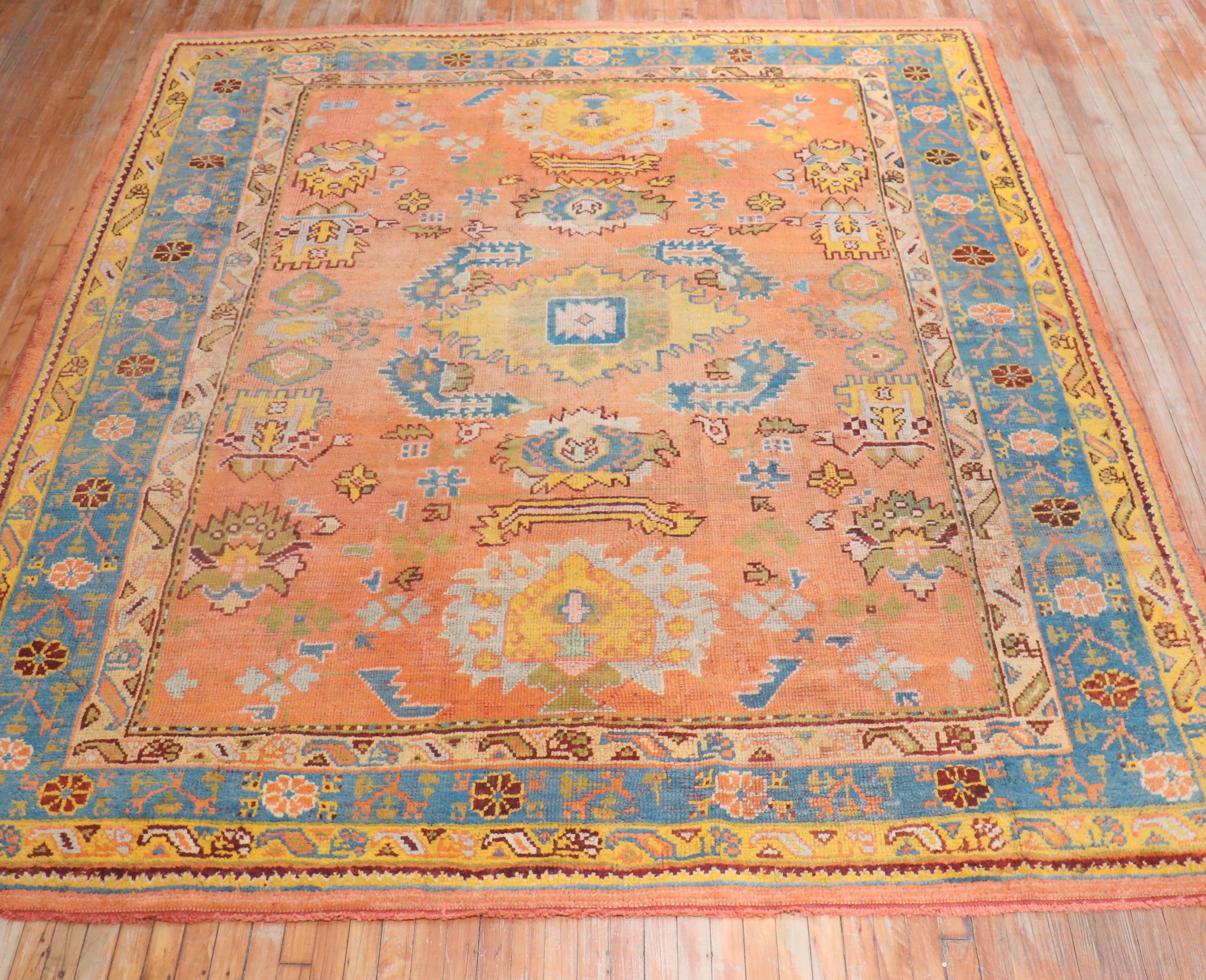 Zabihi Collection Antique Oushak Orange Square Rug For Sale 3