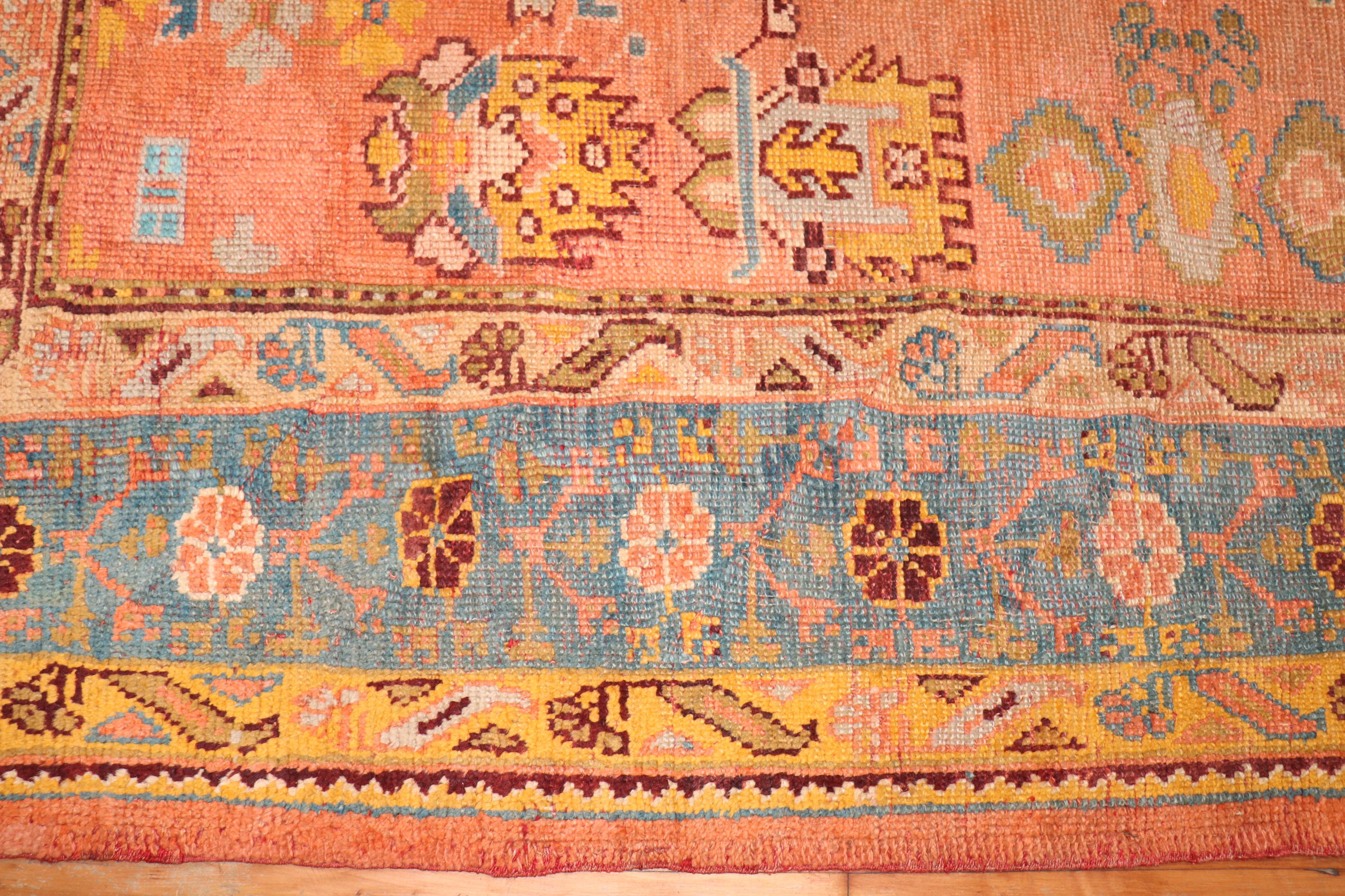 Turkish Zabihi Collection Antique Oushak Orange Square Rug For Sale