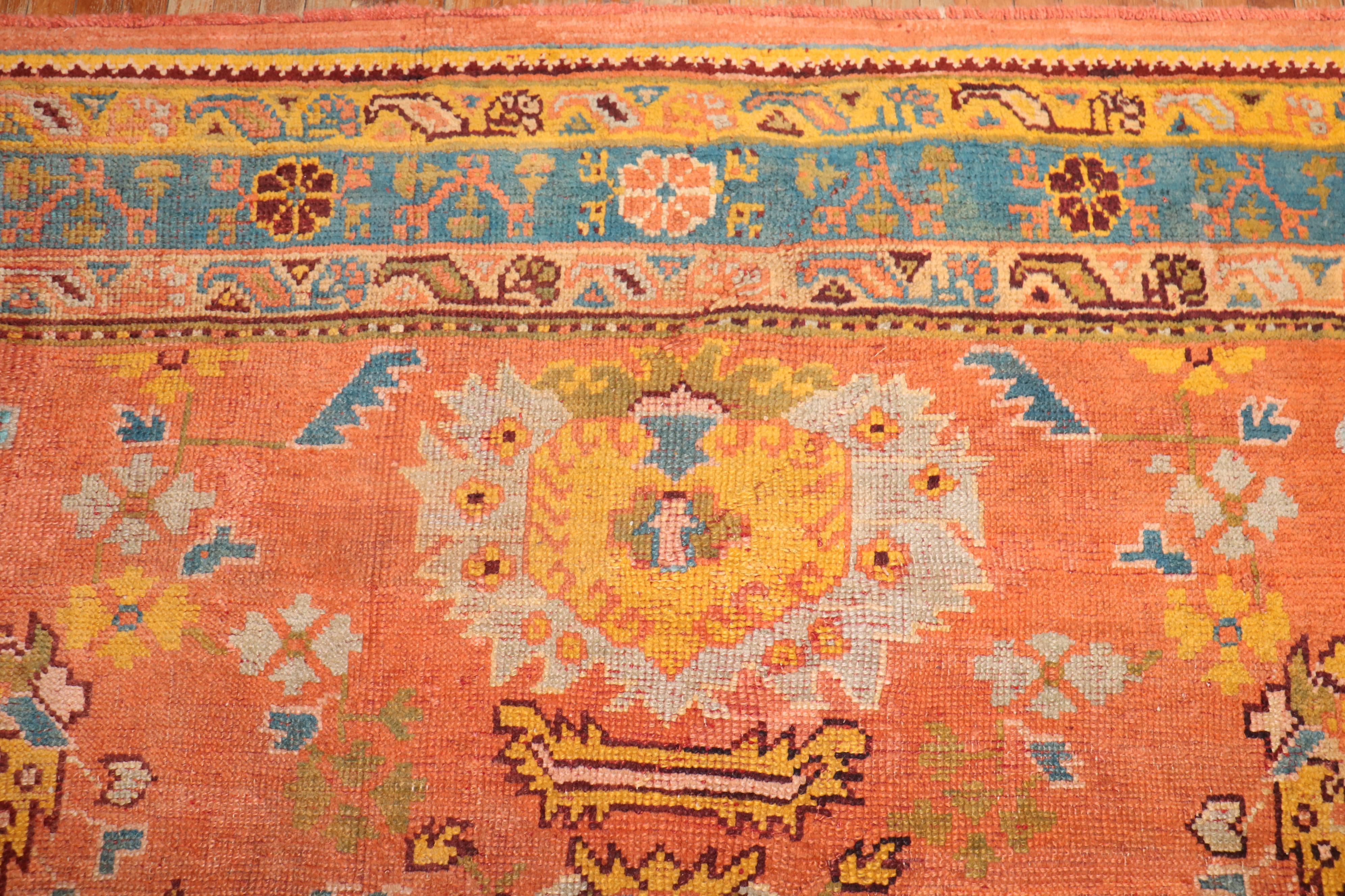 Hand-Woven Zabihi Collection Antique Oushak Orange Square Rug For Sale