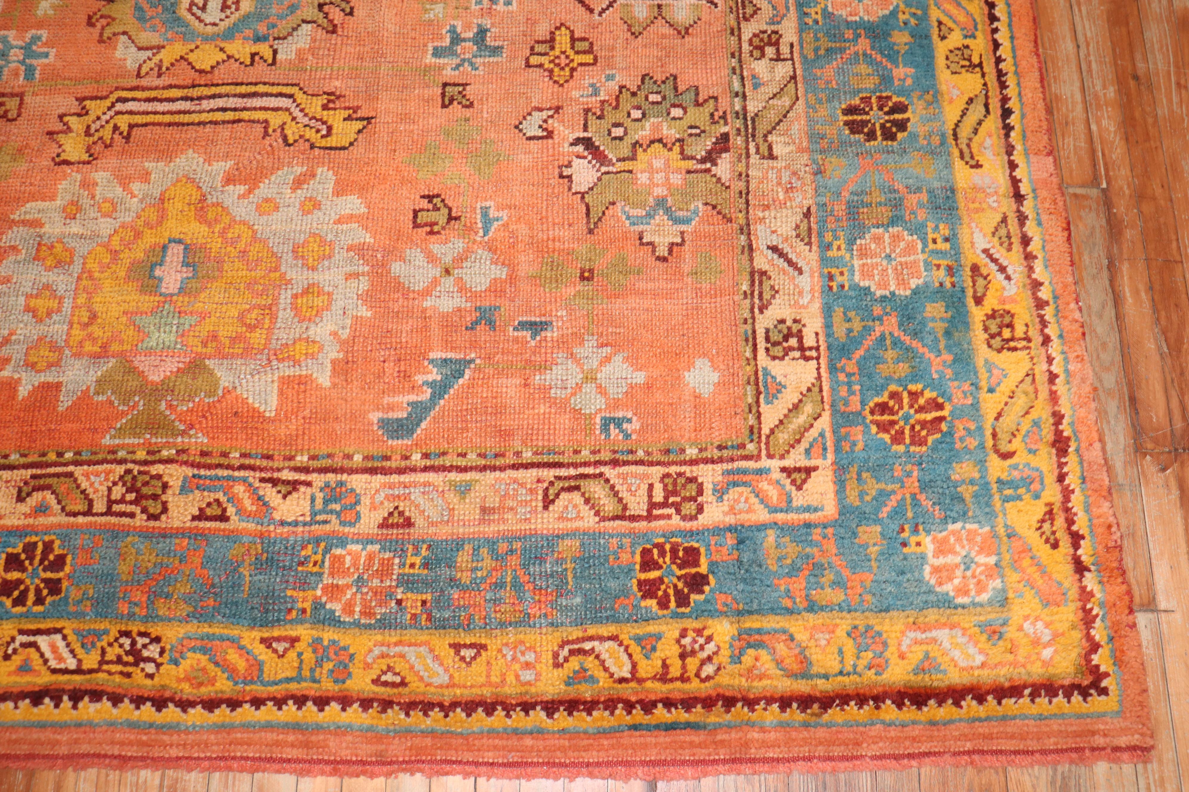 Zabihi Collection Antique Oushak Orange Square Rug For Sale 2