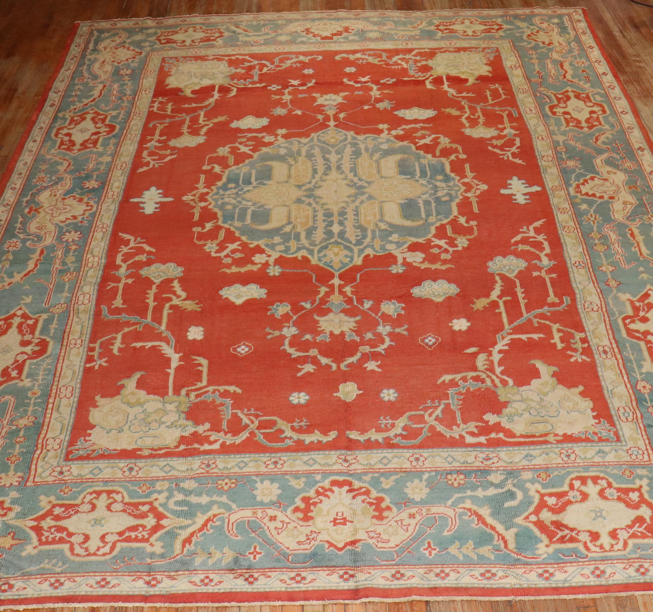 Hand-Woven Zabihi Collection Antique Oushak Rug For Sale