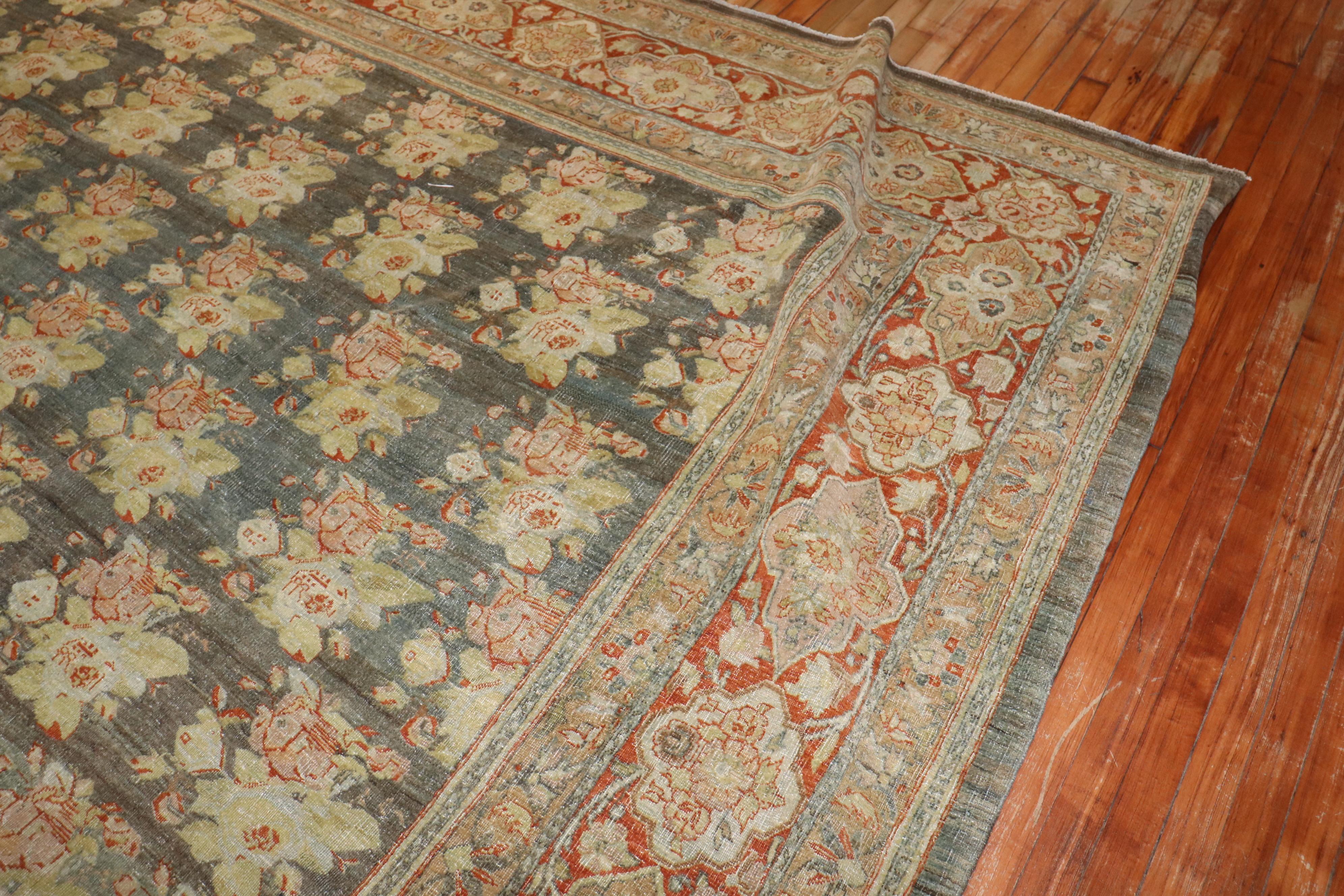 Hand-Knotted Zabihi Collection Antique Persian Bidjar Floral Rug For Sale