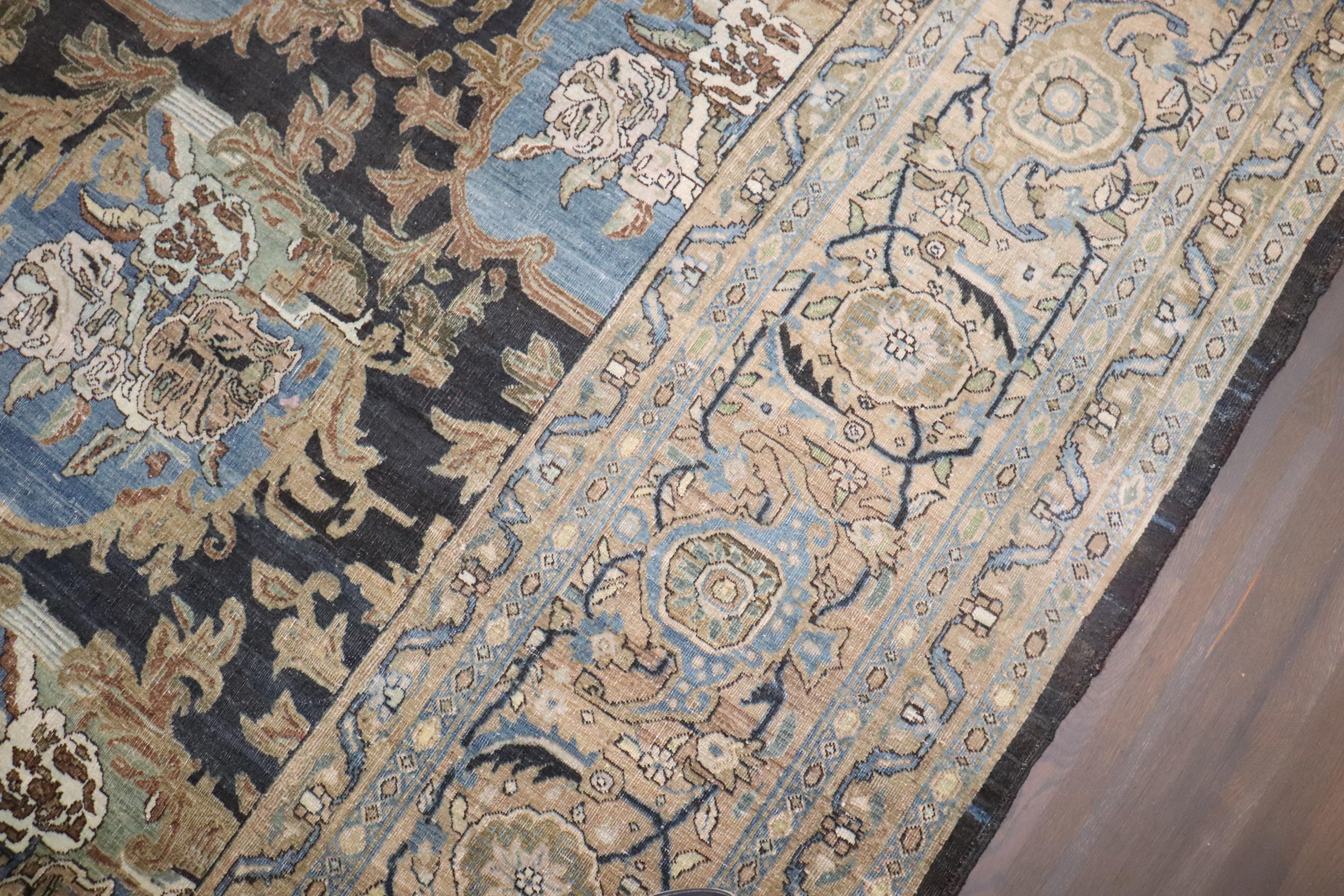 ein antiker persischer Bidjar-Teppich aus dem frühen 20. Jahrhundert mit einem großflächigen Blumenmuster in hellblauen, kamelfarbenen, zartgrünen und khakifarbenen Tönen auf einem anthrazitfarbenen Grund

Einzelheiten
Teppich nein.	j3639
Größe	10'