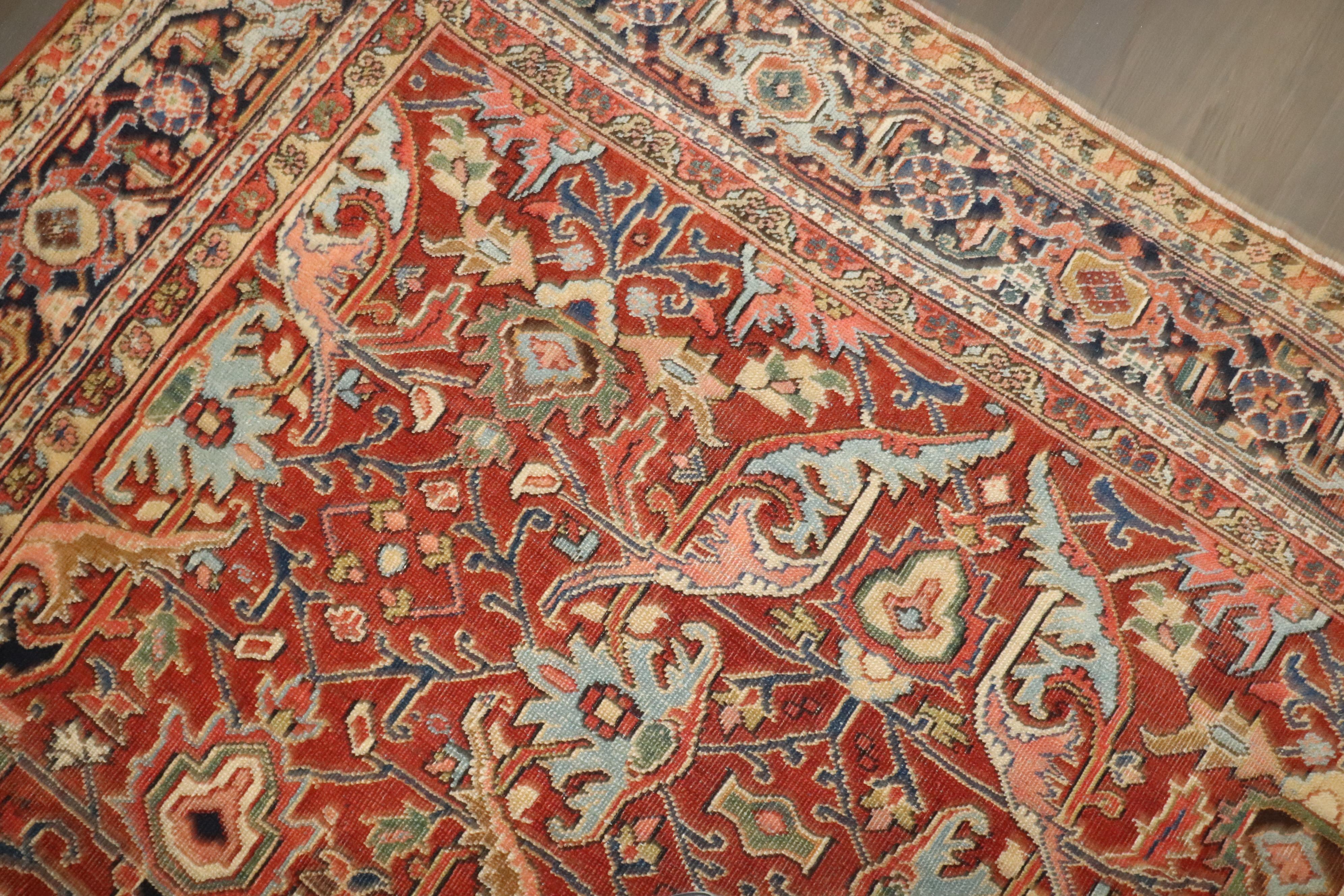 Hand-Woven Zabihi Collection Antique Persian Heriz Geometric Rug For Sale