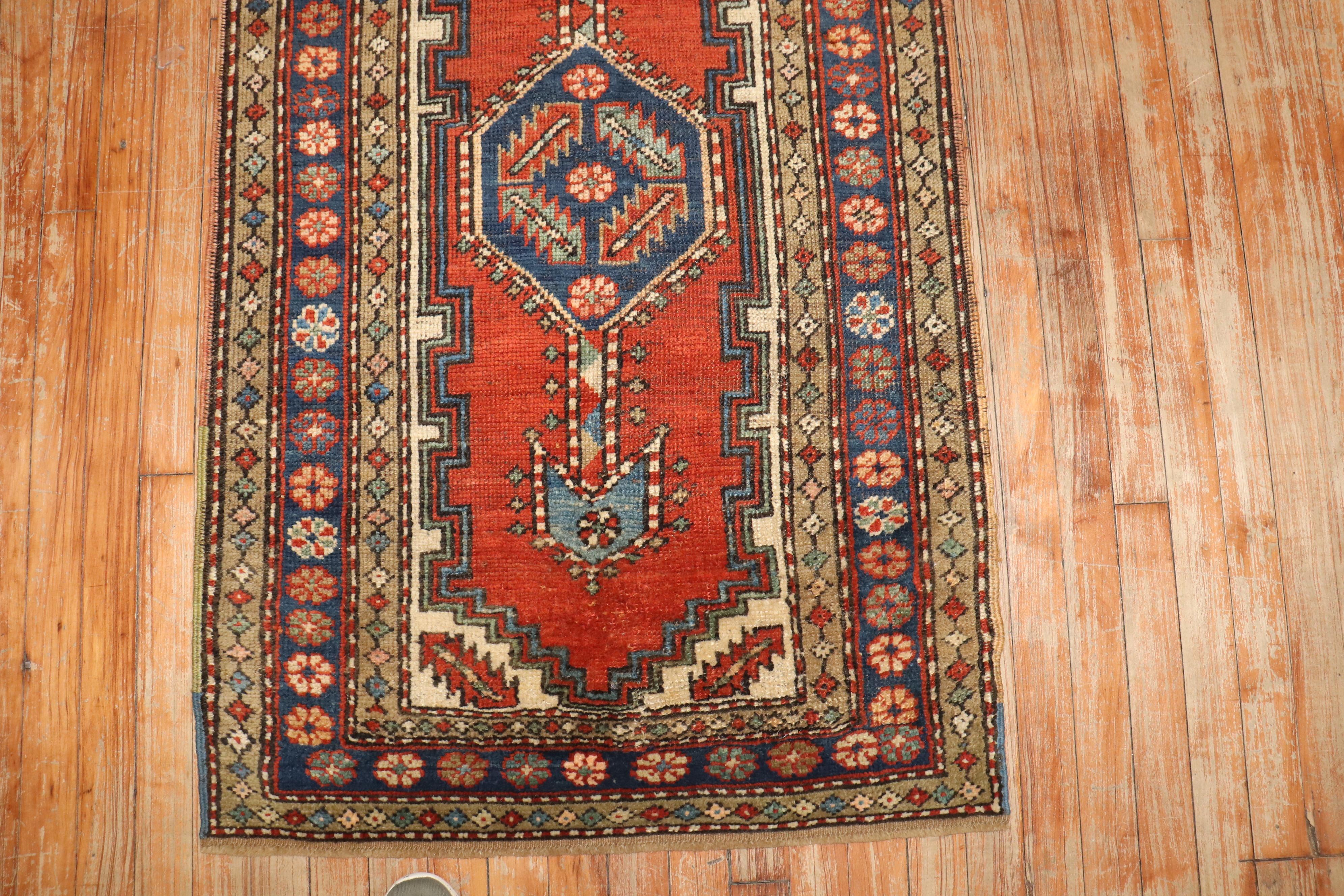 Hand-Woven Zabihi Collection Antique Persian Heriz Geometric Small Rug For Sale