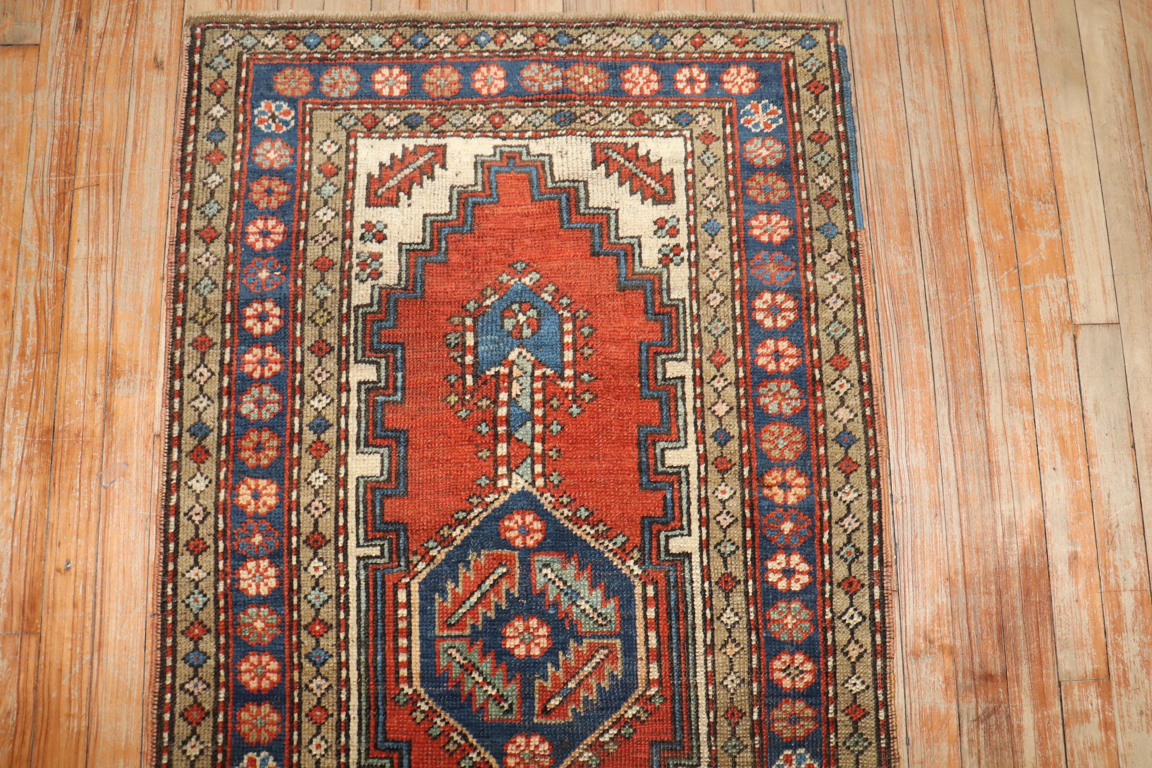 Wool Zabihi Collection Antique Persian Heriz Geometric Small Rug For Sale