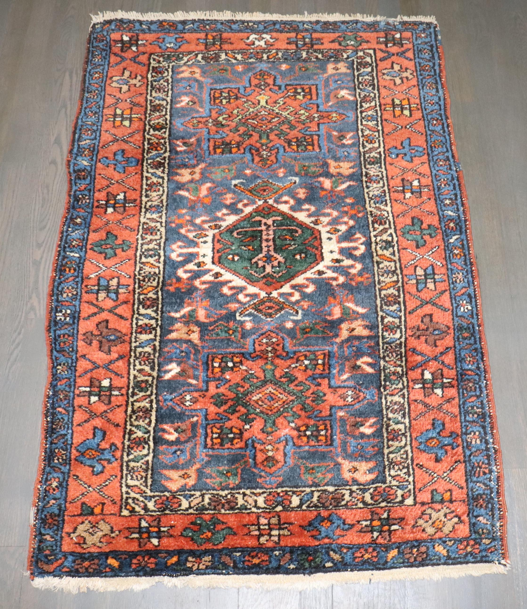 Hand-Knotted Zabihi Collection Antique Persian Heriz Karadja Small Rug For Sale
