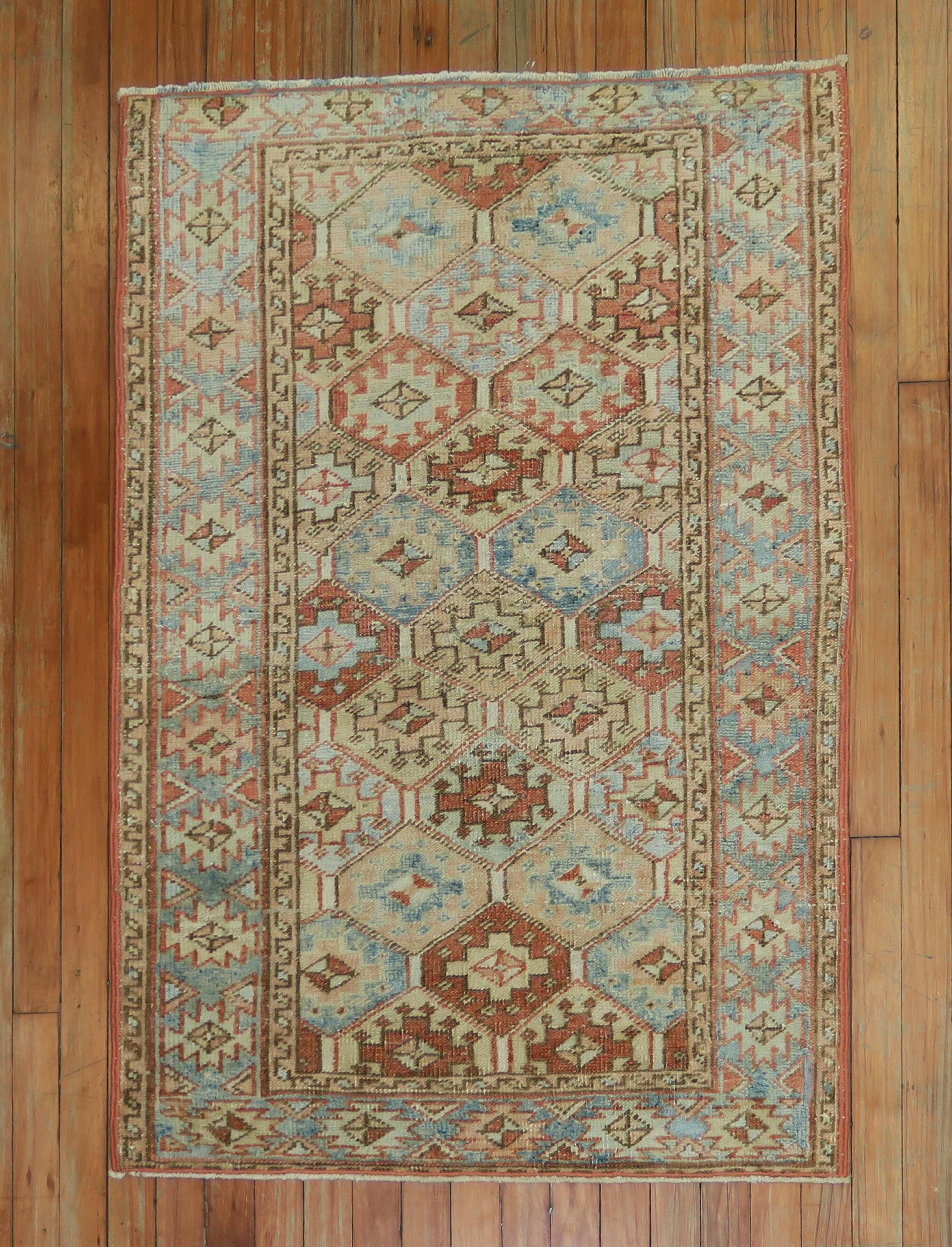 Wool Zabihi Collection Antique Persian Heriz Small Geometric Rug