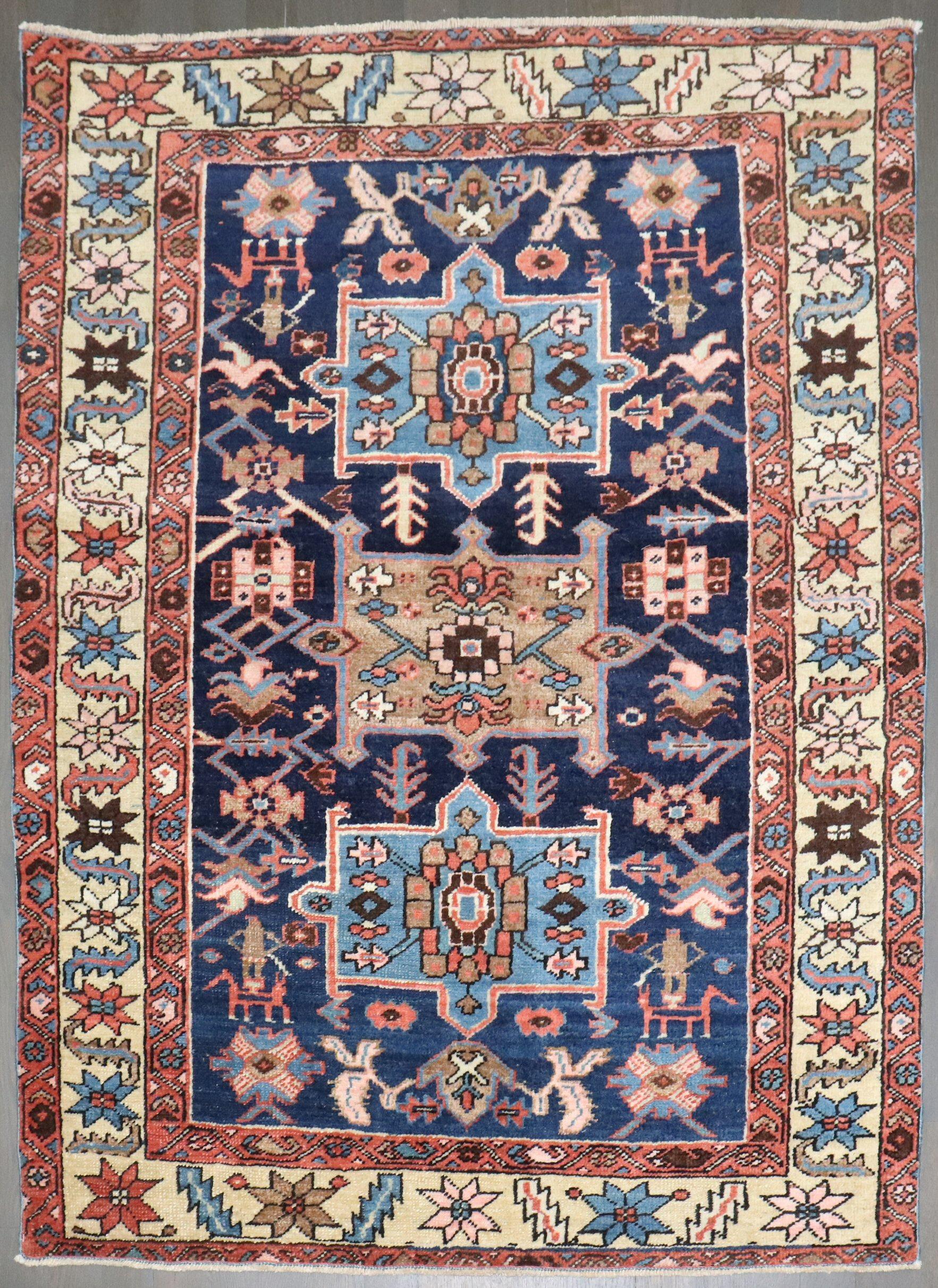 Wool Zabihi Collection Antique Persian Heriz Small Rug For Sale